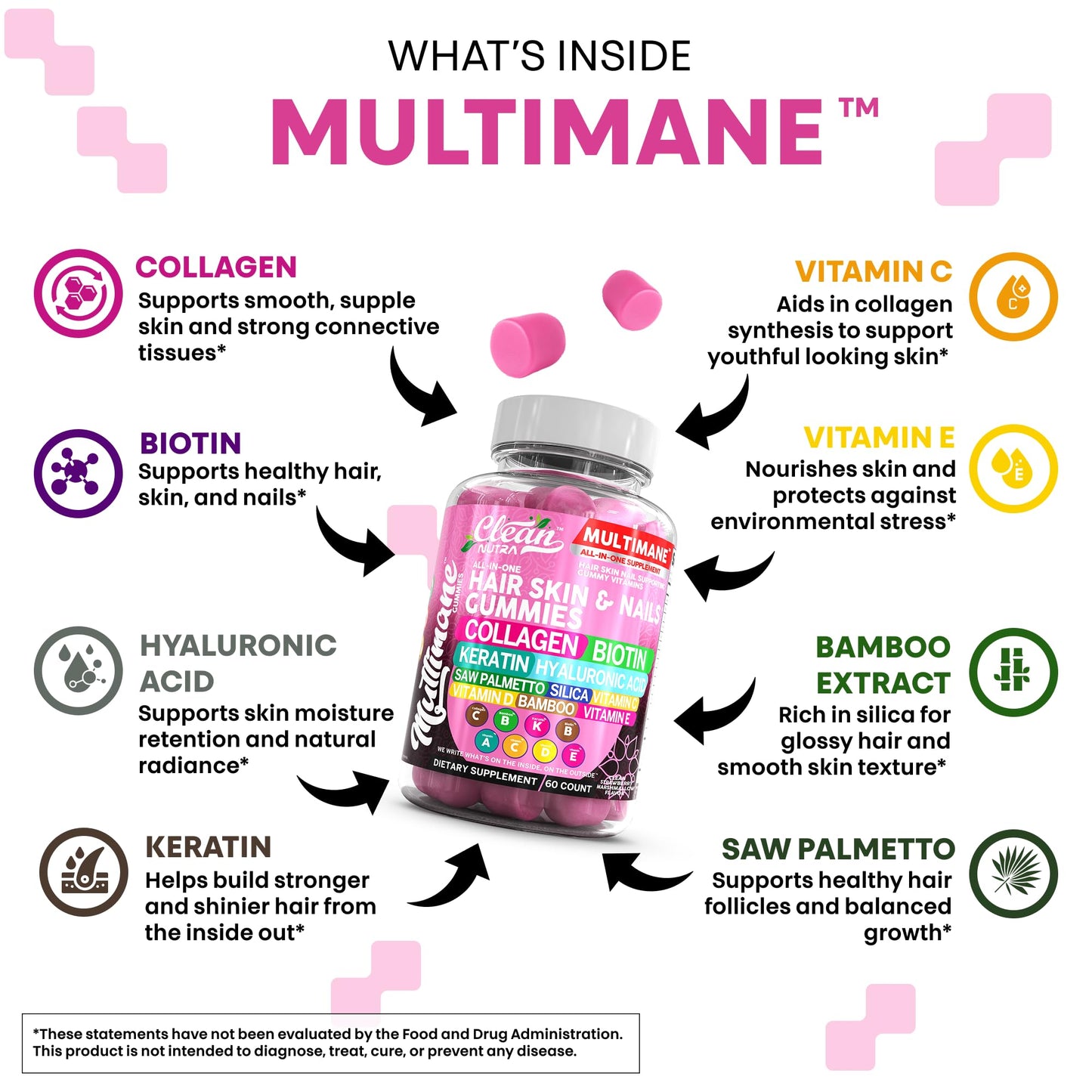 Clean Nutraceuticals Biotin Collagen Keratin Gummies, Hair Skin and Nails Vitamins for Women, 60 Count