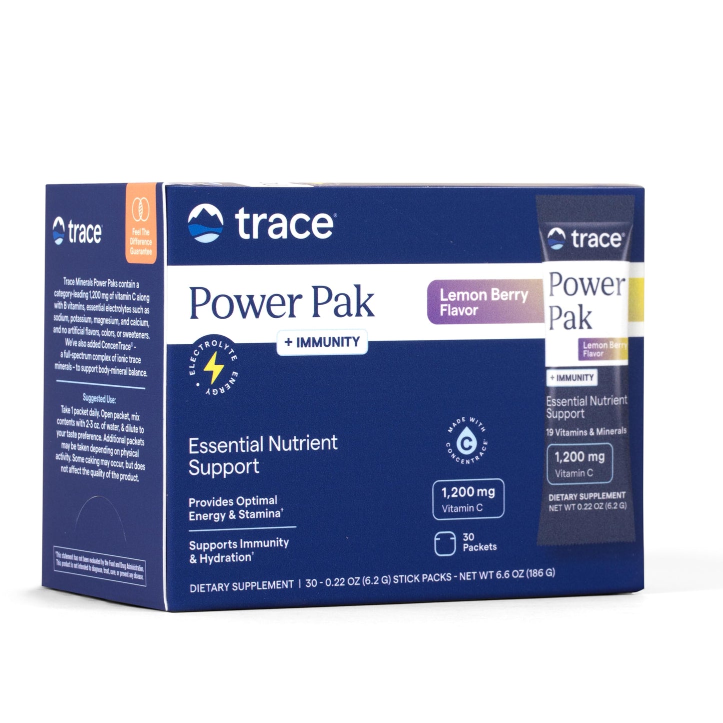Trace Minerals Power Pak Immunity Powder Packets, Vitamin C 1200 mg, Lemon Berry Flavor, Electrolyte Support, 30 Packets