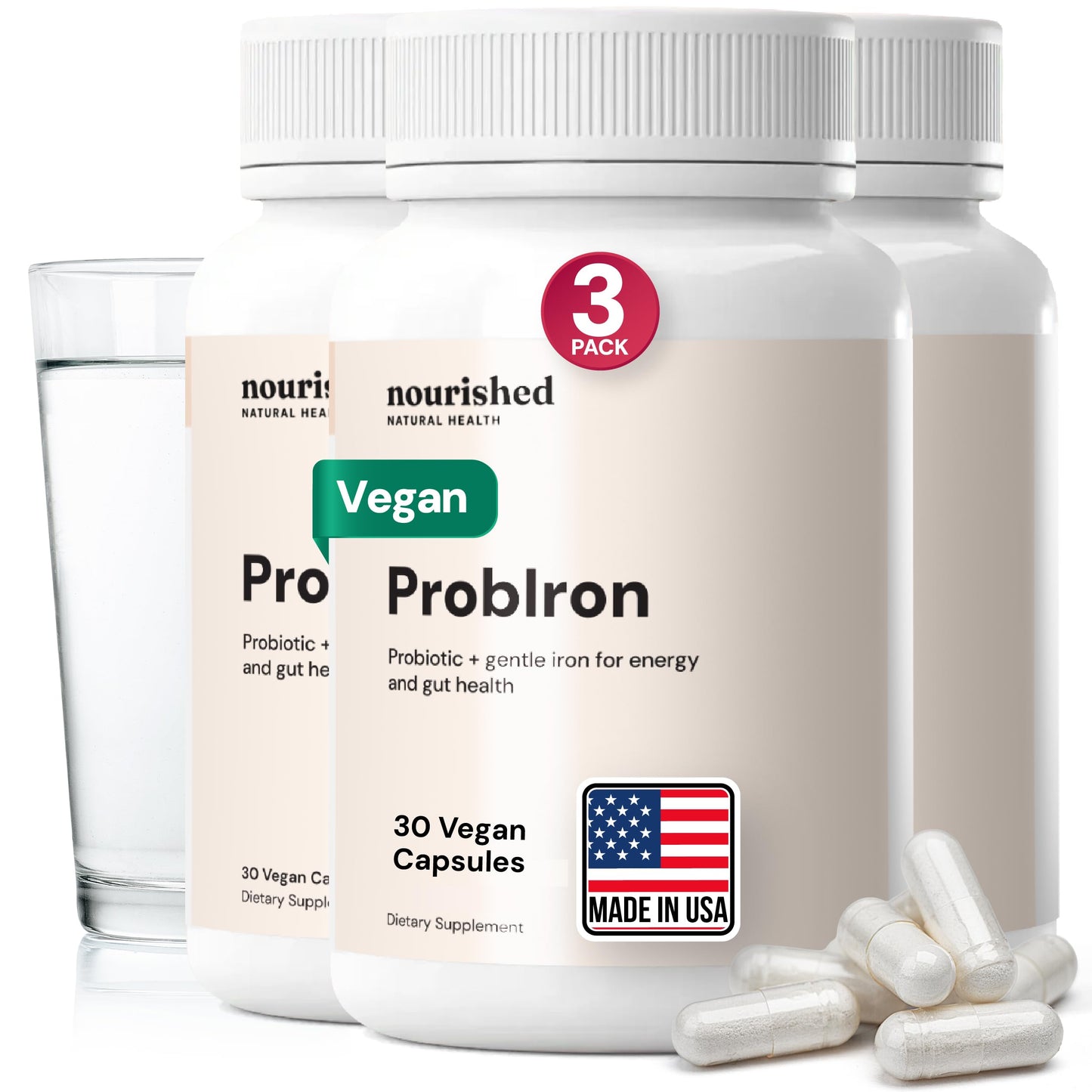 Nourished Natural Health ProbIron - Women's Probiotic + Iron Supplement Boosted with Vitamin C and Copper - Vegan Formula for Energy and Digestive Wellness, 90 Capsules