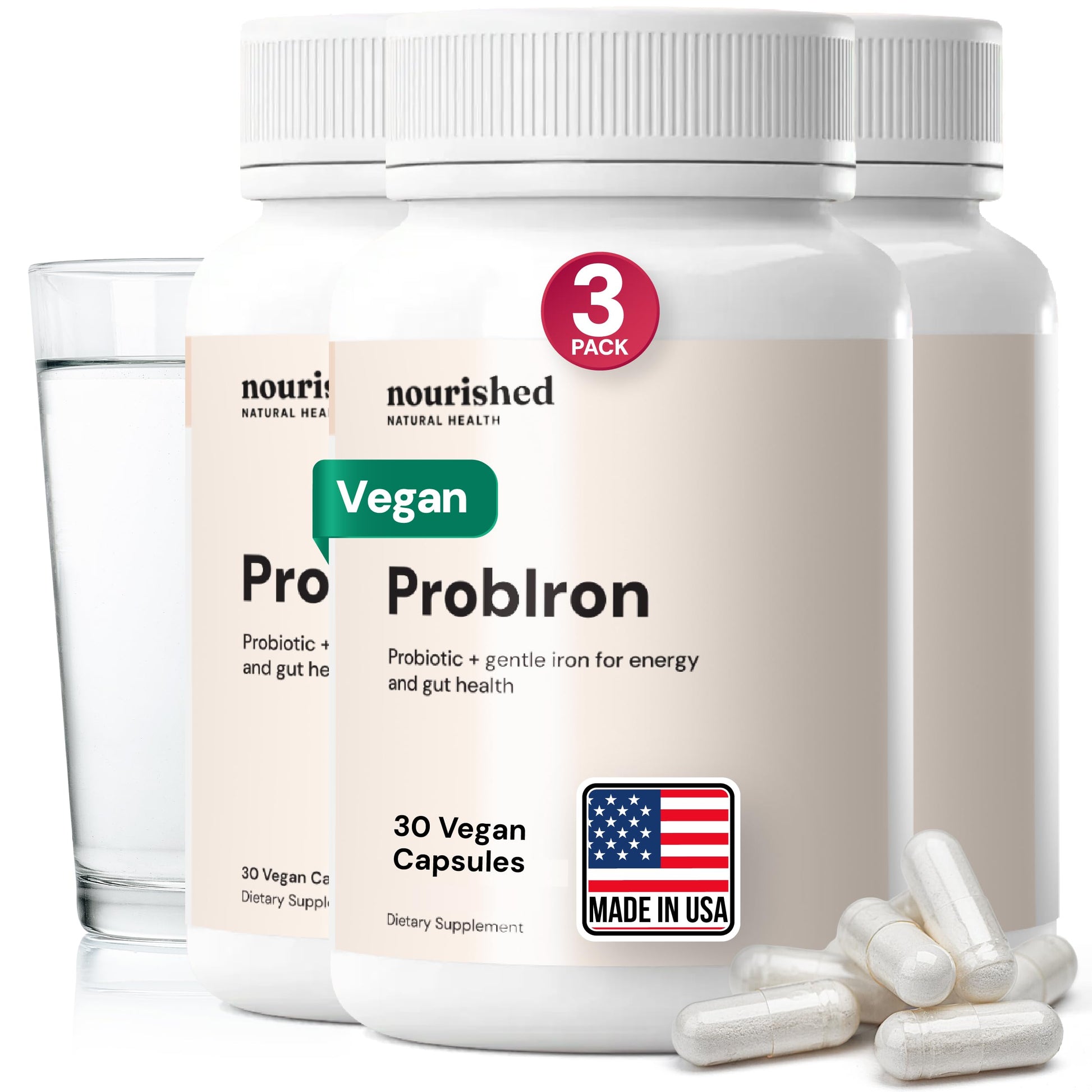 Nourished Natural Health ProbIron - Women's Probiotic + Iron Supplement Boosted with Vitamin C and Copper - Vegan Formula for Energy and Digestive Wellness, 90 Capsules