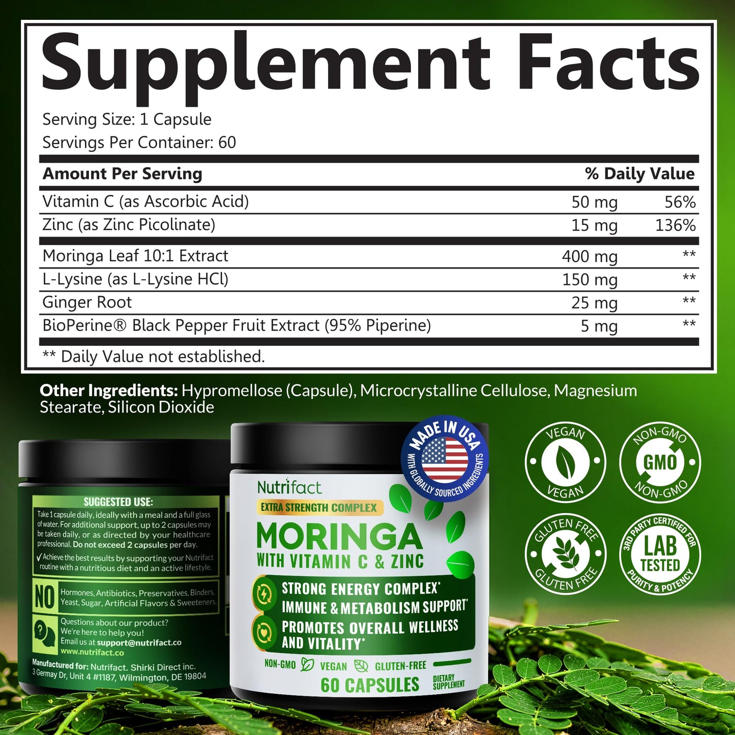 NutriFact Moringa Capsules with Leaf Extract, L-Lysine, Vitamin C & Zinc, 60 Capsules