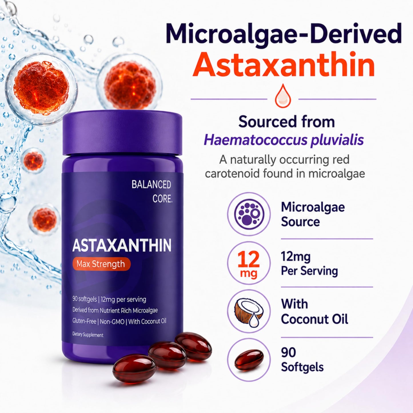 BALANCED CORE Astaxanthin 12mg Softgel 90 Count