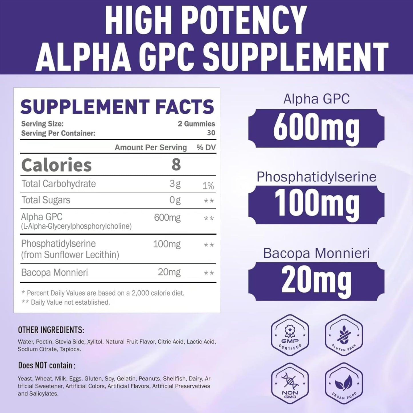 Sugawita Alpha GPC Choline Gummies 600mg with Phosphatidylserine & Bacopa, 120 Count
