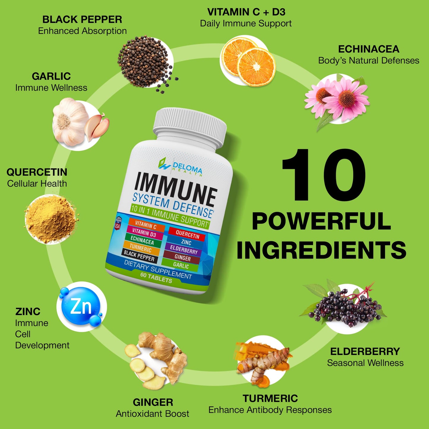 Deloma Health 10 in 1 Immune System Support Supplement Tablet, 60 Count