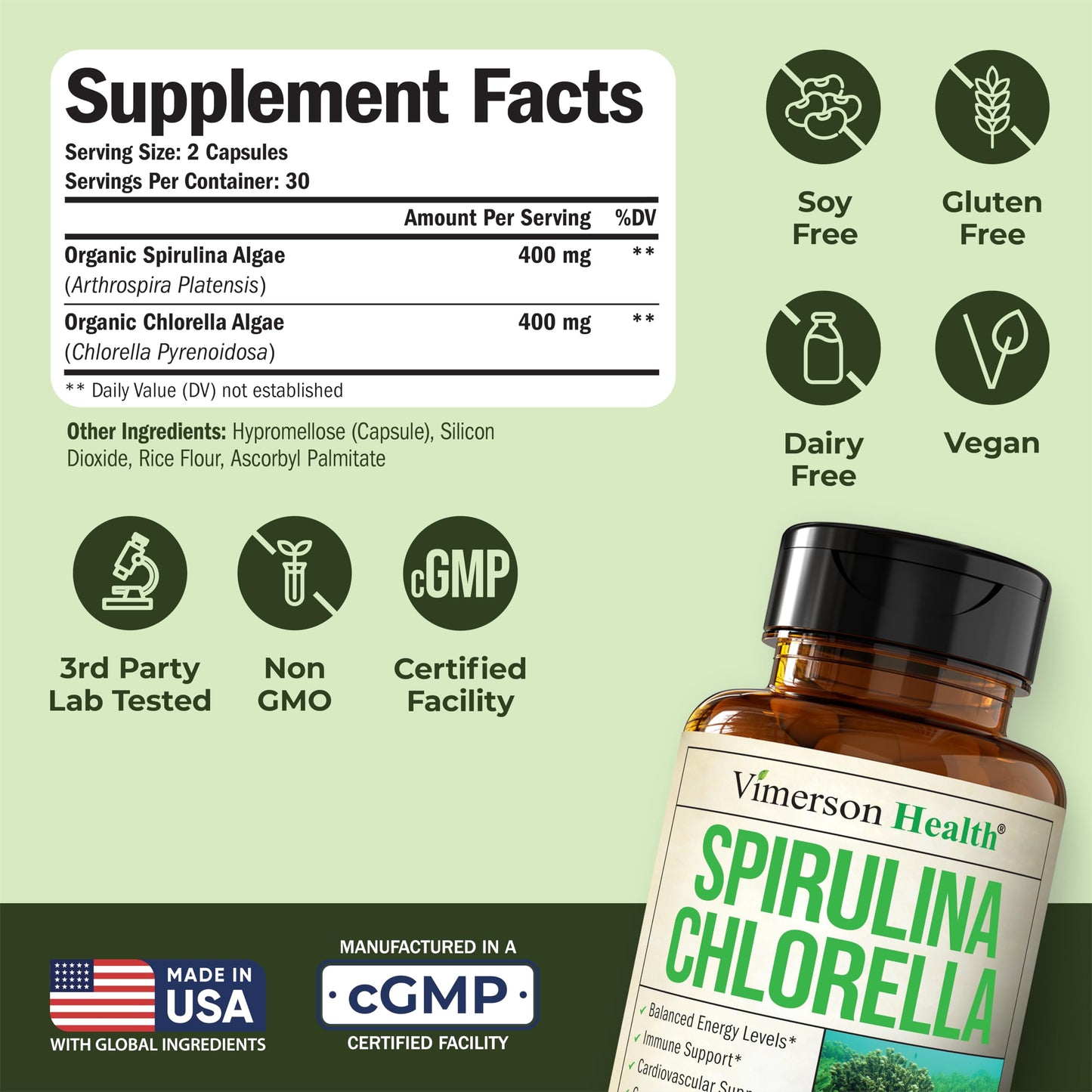 Vimerson Health Organic Spirulina and Chlorella Capsules, 60 Count