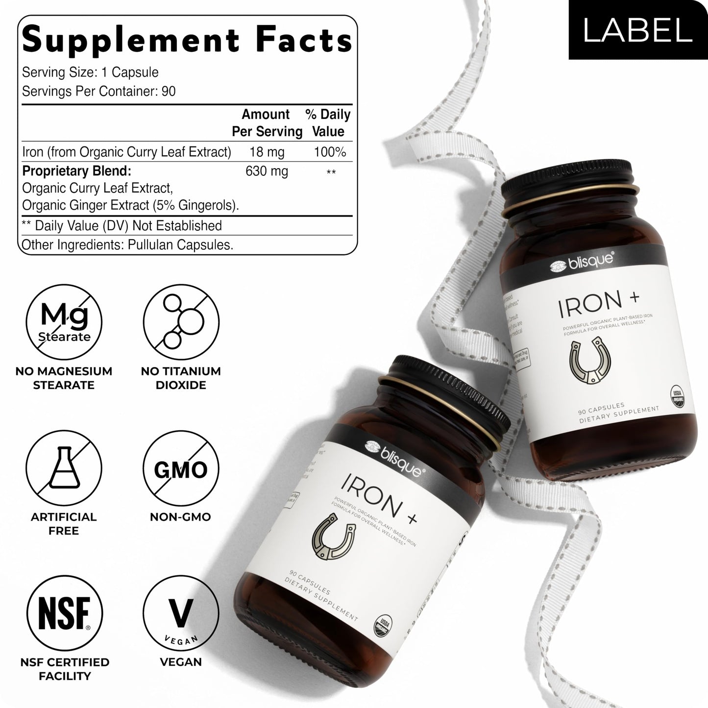 Blisque Organic Plant-Based Iron Formula for Blood Health, Immune Support, and Energy, 90 Capsules