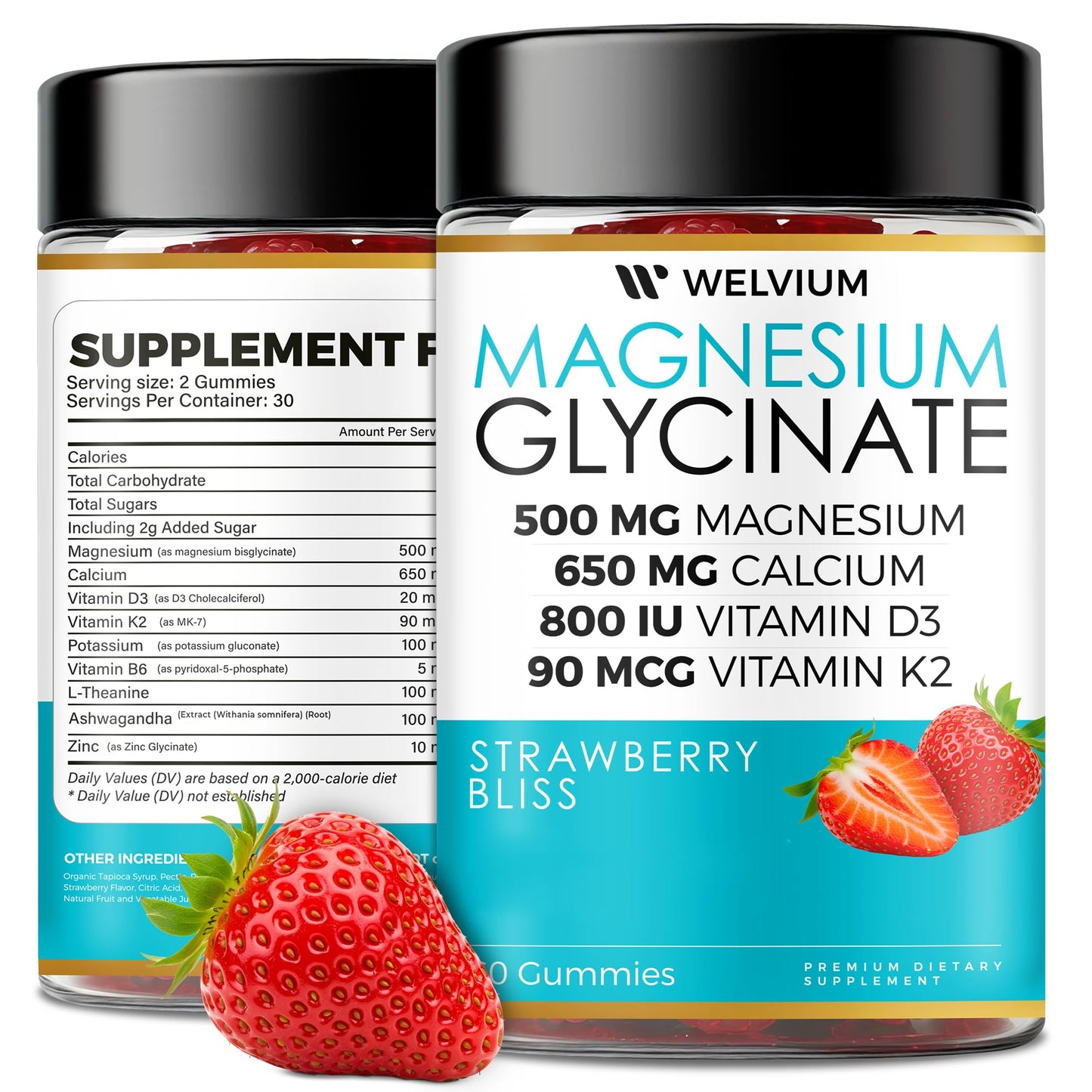 WELVIUM Magnesium Glycinate Gummies with Ashwagandha, L-Theanine, 500mg Magnesium Glycinate, 60 Gummies