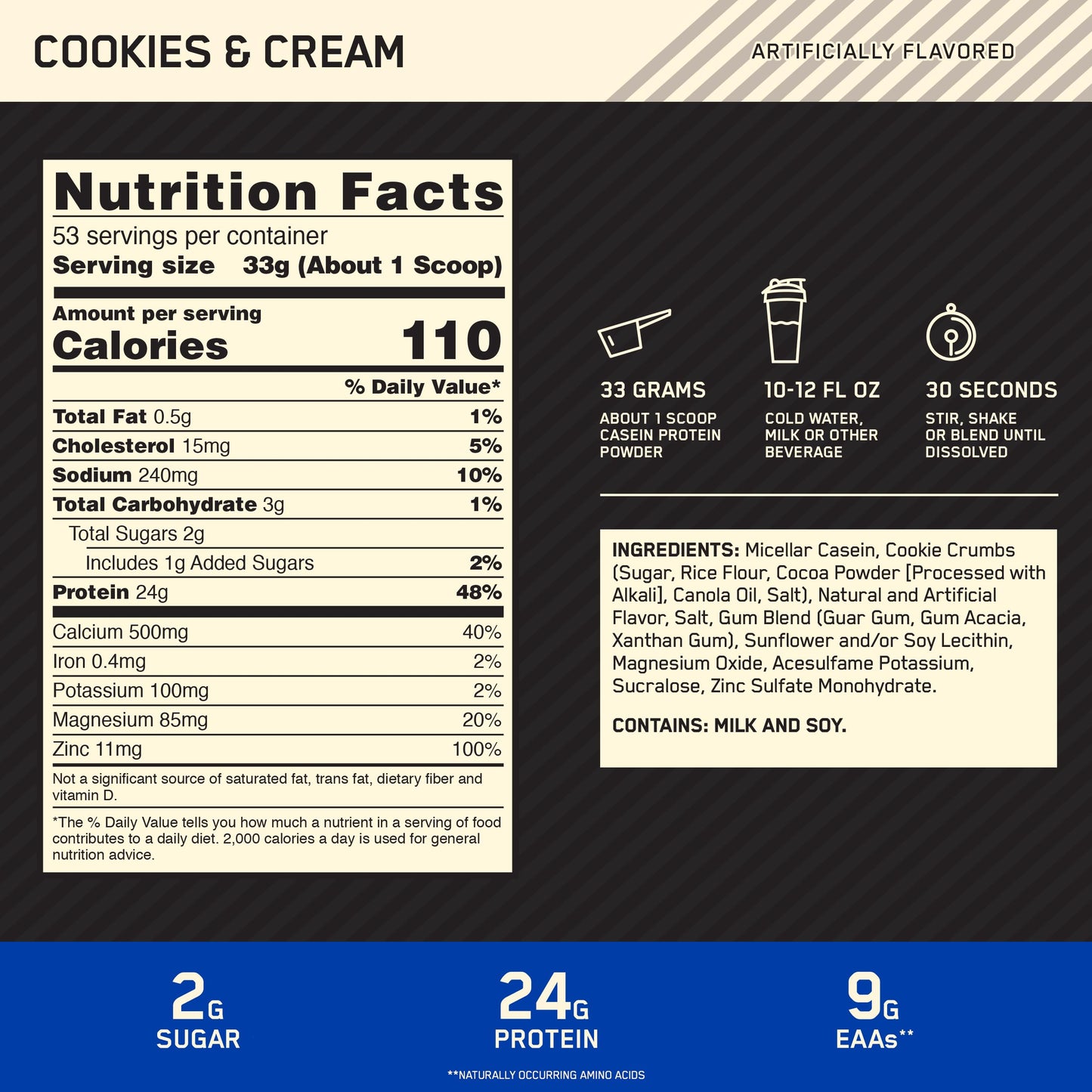 Optimum Nutrition Gold Standard 100% Micellar Casein Protein Powder Cookies & Cream, 64 Servings
