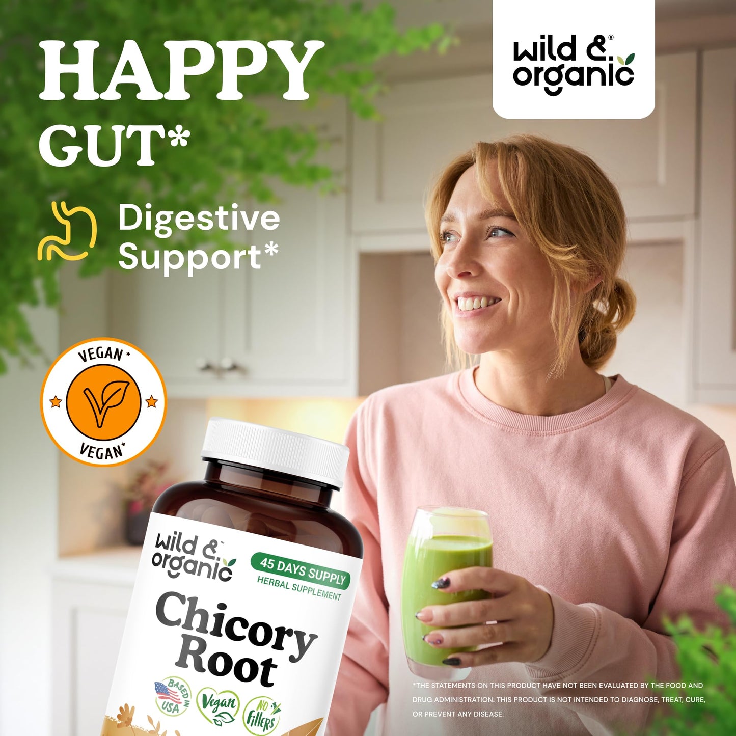 Wild & Organic Chicory Root Capsules - 1200 mg per Capsule, 60 Capsules