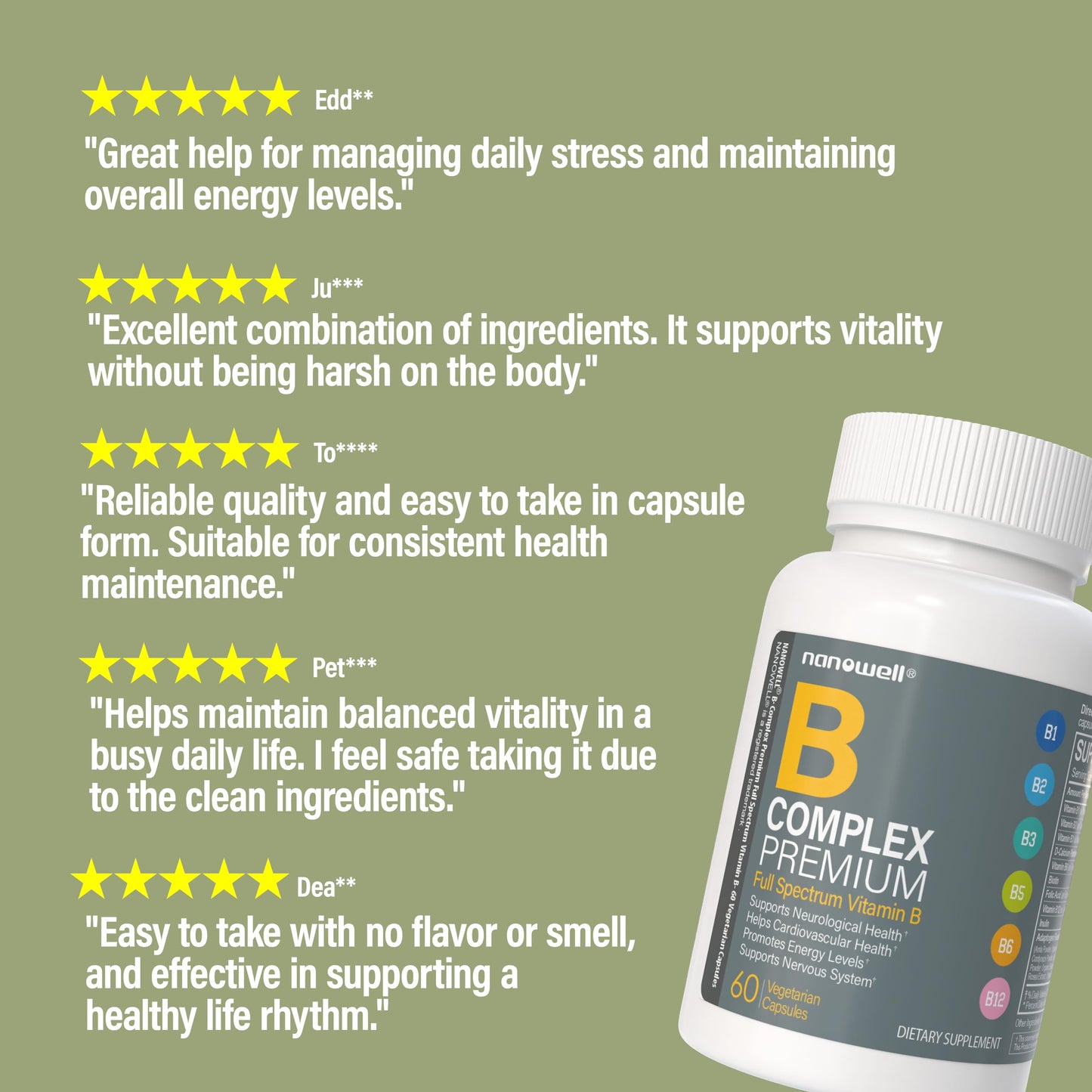 NANOWELL B Complex Premium - Full Spectrum of B Vitamins for Energy, Heart & Immune Support - B-Complex Supplement with Adaptogens 60 Capsules
