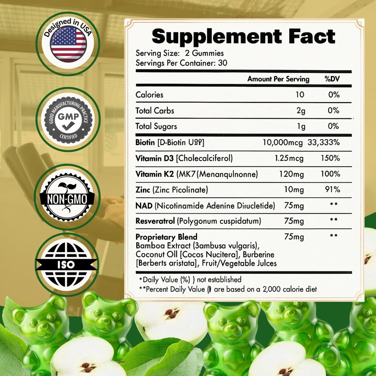 Aura HK NAD+ Biotin, Resveratrol, Berberine & Anti-Aging Gummies Apple Flavor, 120 Gummies