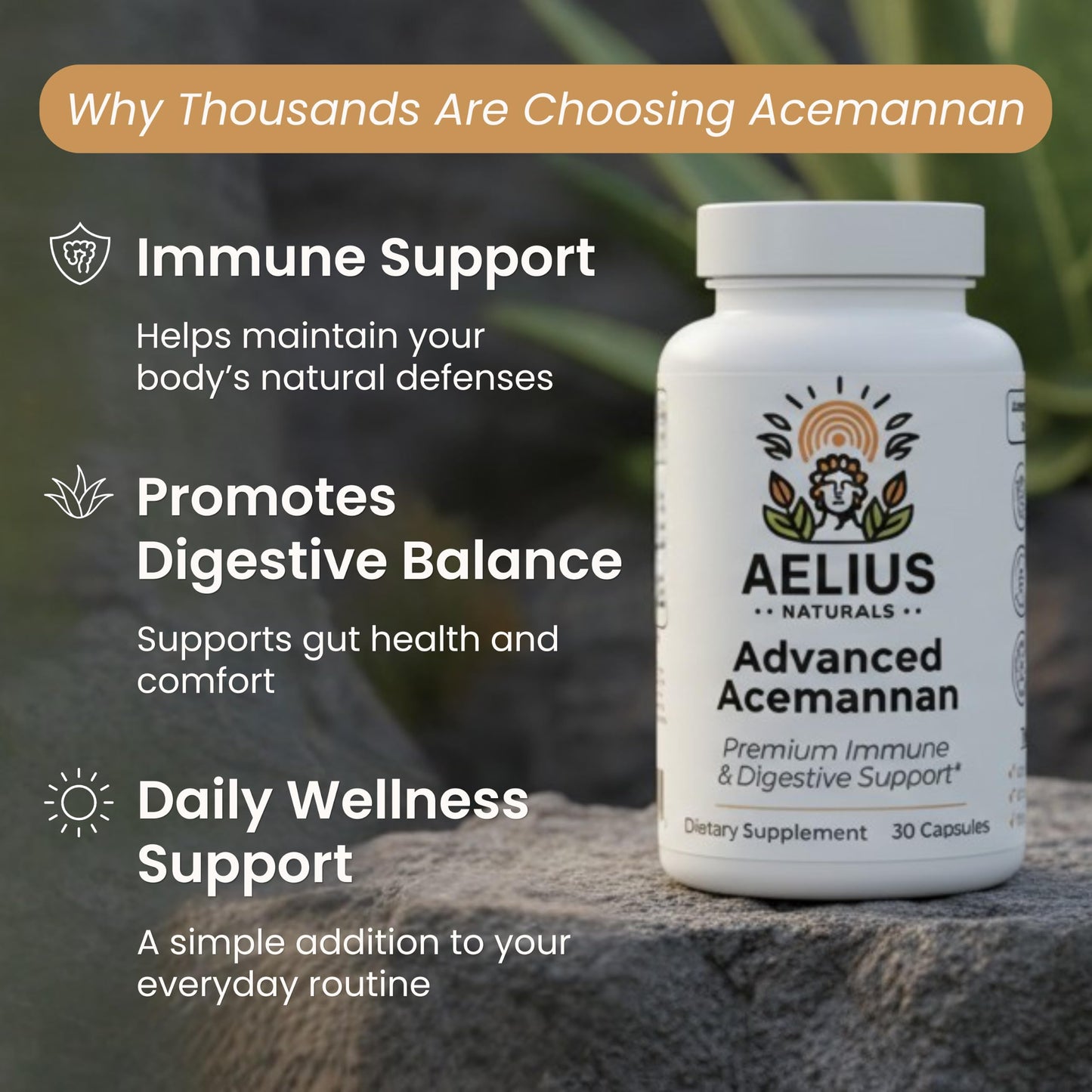 Aelius Naturals Advanced Acemannan Aloe Vera Supplement Capsule, 30 Capsules