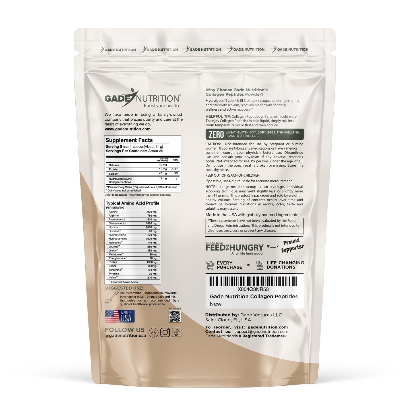 Gade Nutrition Collagen Peptides Powder Hydrolyzed Type I & III Unflavored, 11.64 oz, 30 Servings