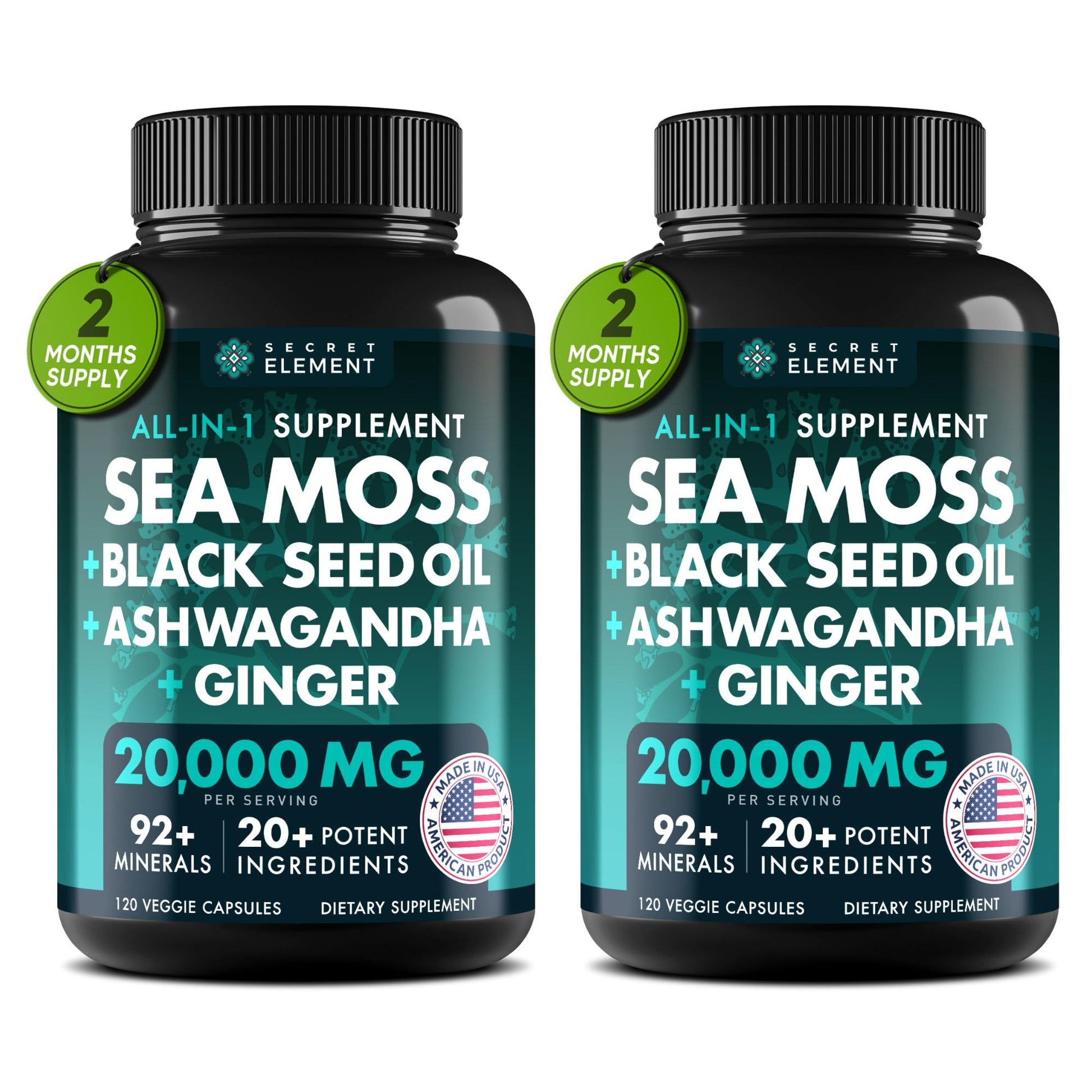 Secret Element Irish Sea Moss Black Seed Oil Ashwagandha Ginger Burdock Root All in One 20,000mg Capsules, 240 Count
