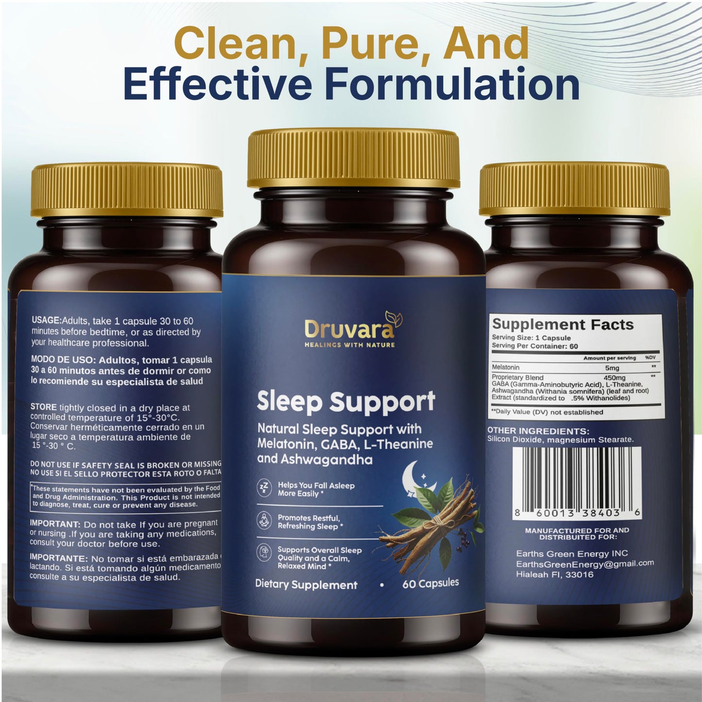 Druvara Natural Sleep Aid for Adults with Melatonin, GABA, L-Theanine & Ashwagandha, 60 Capsules