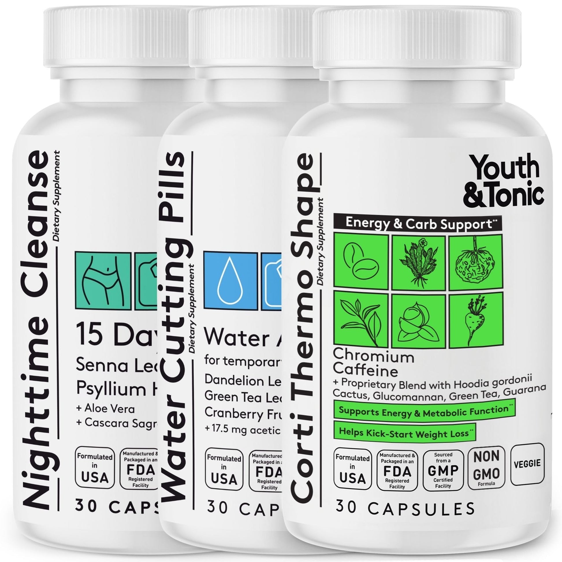 Youth & Tonic Cleanse Weight Loss Pills Women, Men, Detox, Water Retention 90 Capsules