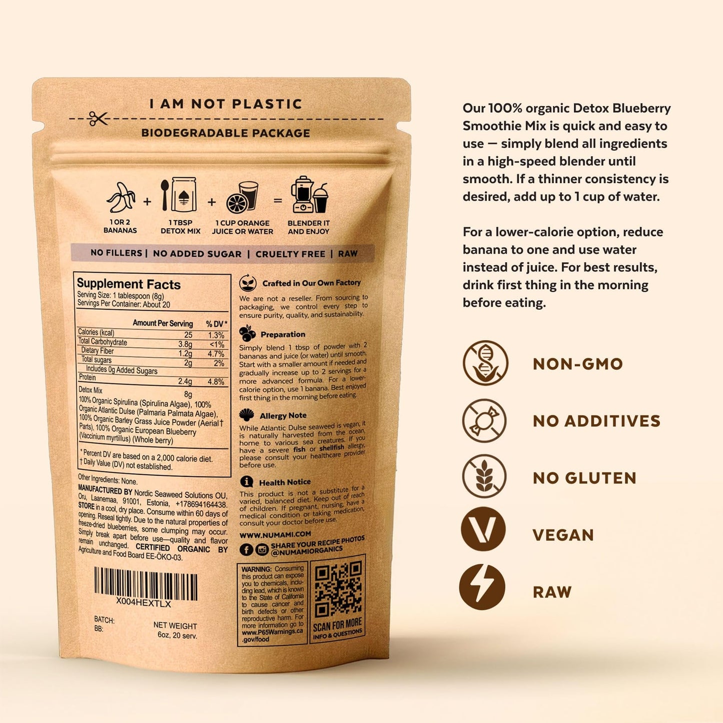 Numami Organic Detox Blueberry Smoothie Powder with Spirulina, Atlantic Dulse and Barley Grass Juice Powder, 6 oz