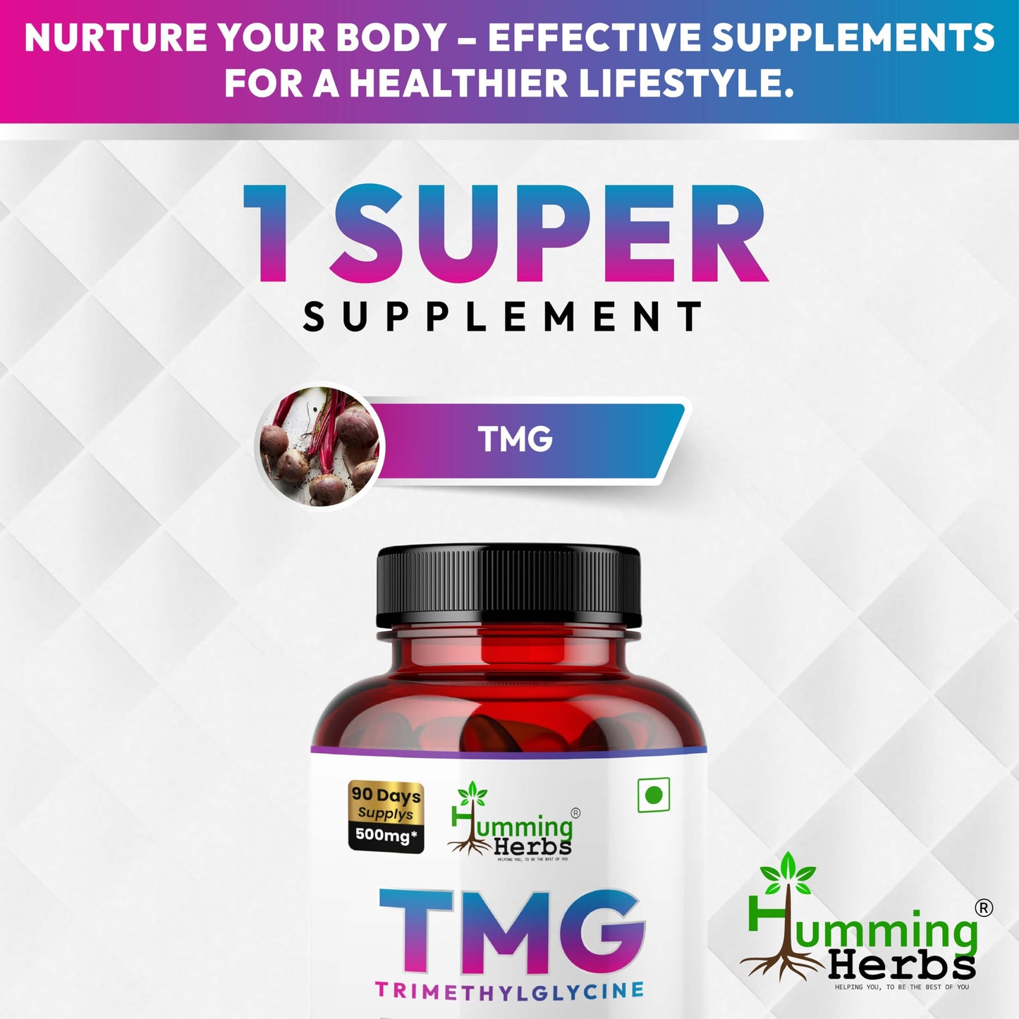 Humming Herbs TMG Supplement Trimethylglycine 500 mg Capsules 90 Count