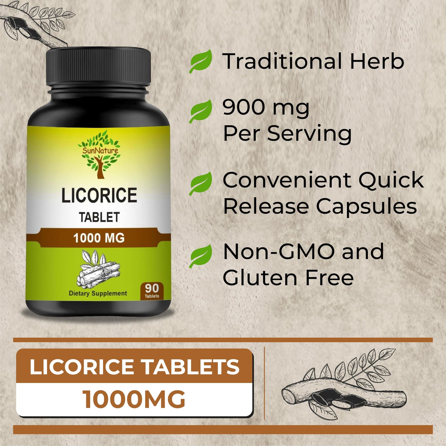 SunNature Licorice Chewable Tablets 1000 mg, 90 Tablets