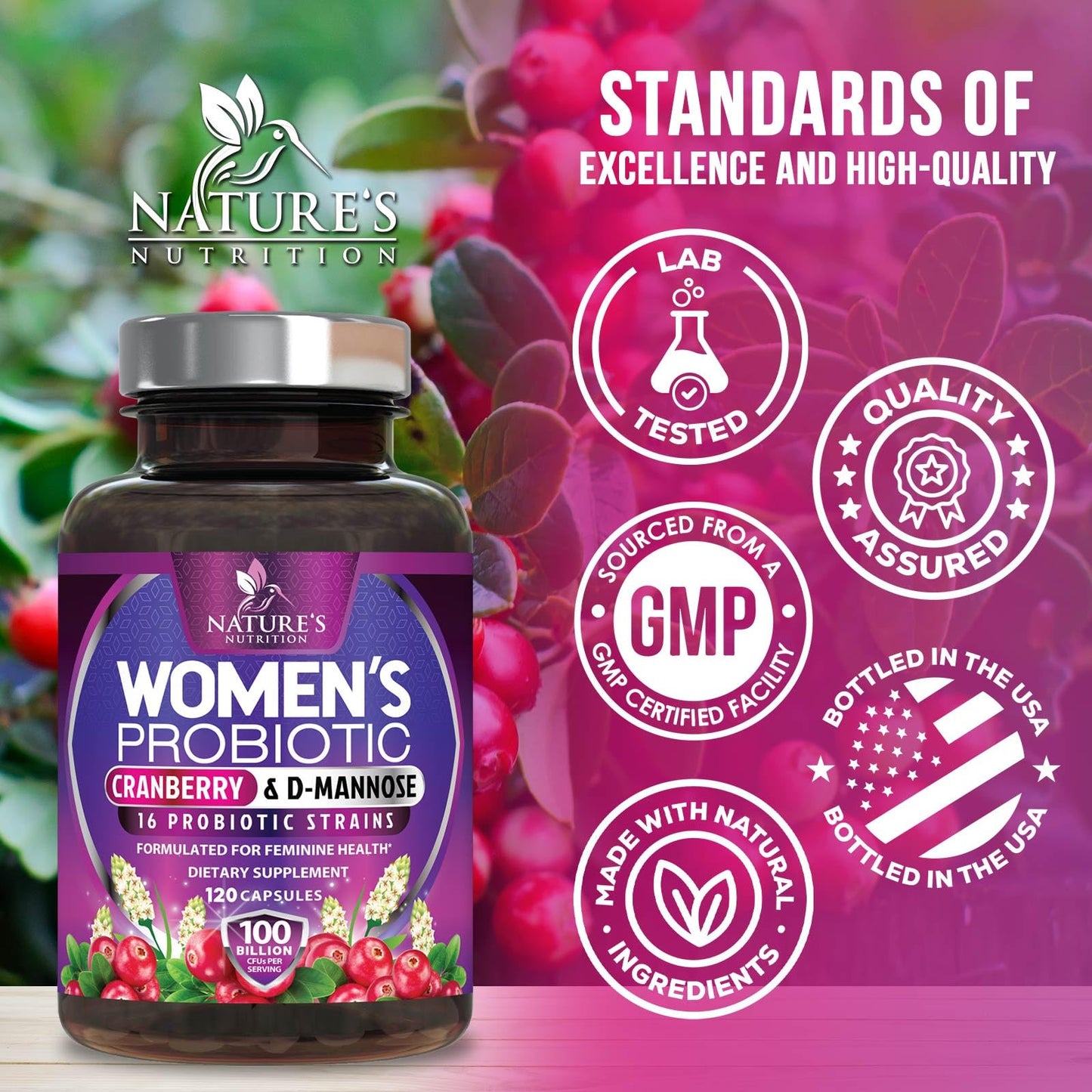 Nature's Nutrition Probiotics for Women 100 Billion CFU Per Serving - 16 Unique Strains, Prebiotics Cranberry & Lactobacillus, pH Balance, Digestive & Gut Health, Vaginal & Immune Support Women's Probiotic Capsules, 120 Count
