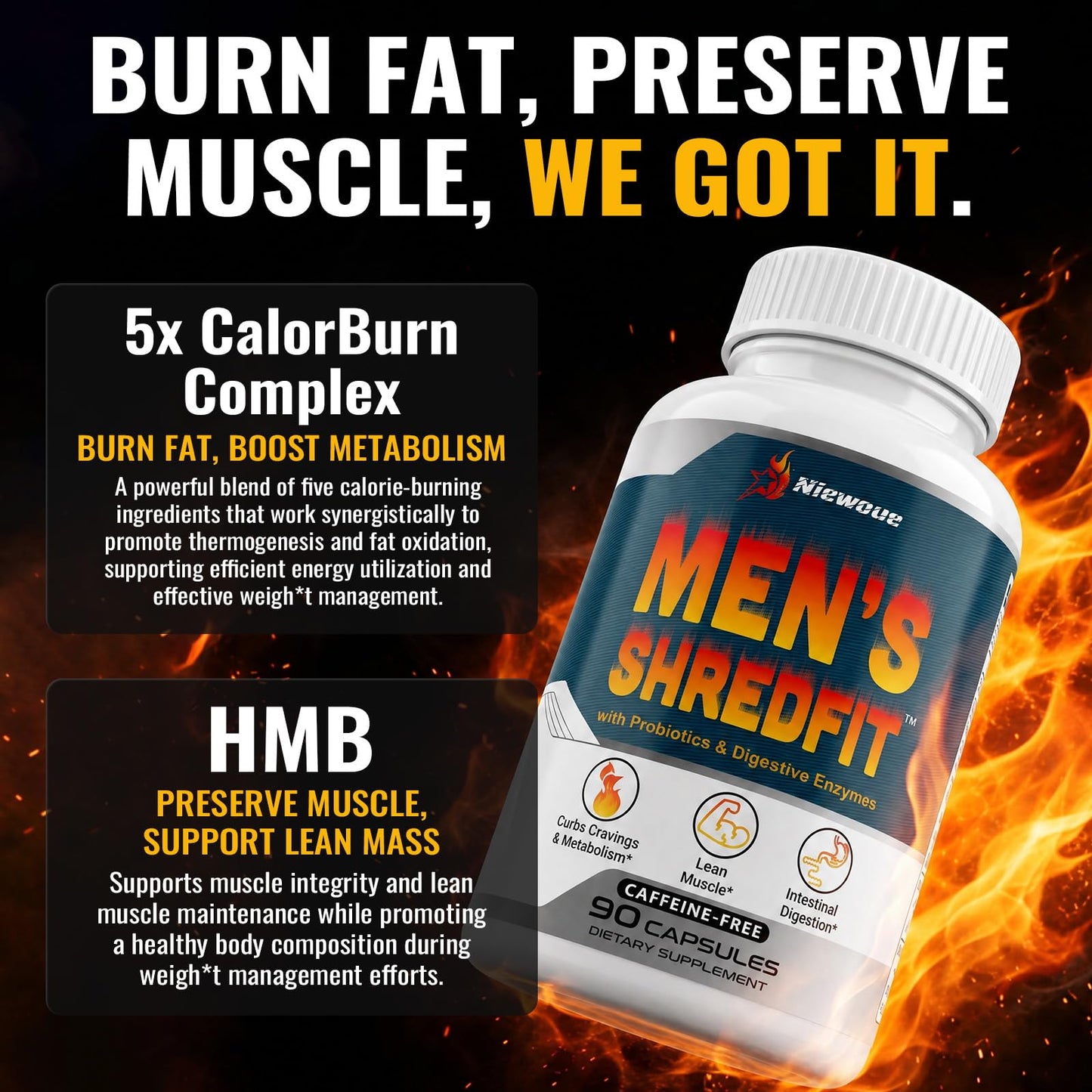 Niewoue Thermogenic Fat Burner for Men, Premium Appetite Suppressant for Weight Loss, Energy & Metabolism Support with Green Tea Extracts, Cayenne Pepper, Caffeine Free Capsules, 90 Count