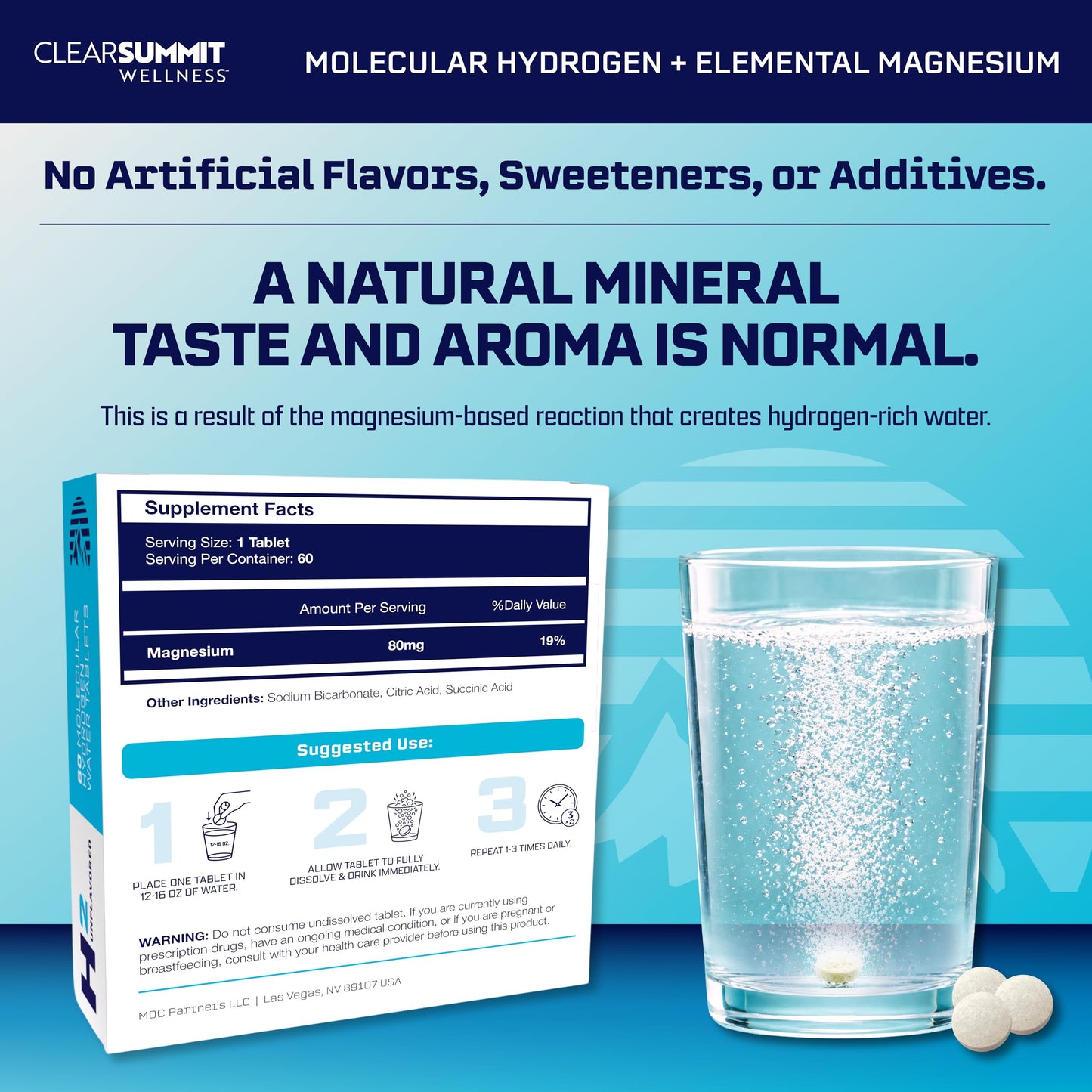ClearSummit Wellness Hydrogen Water Tablets with Magnesium, H2 Molecular Hydrogen Tablets for Drinking Water, 12 PPM Quick Dissolve, Supports Energy, GMO-Free & Gluten-Free, 60 Tablets