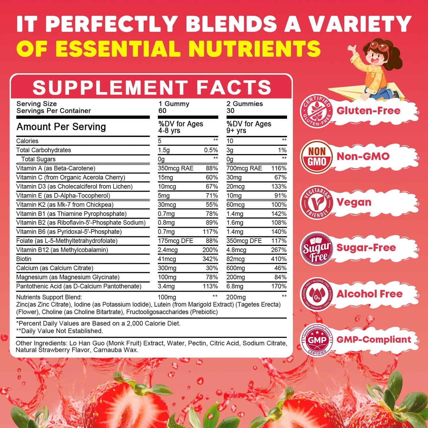JIANKYTZ Calcium Multivitamin Gummies for Kids with Methyl B12 & Methylfolate, Vitamins C, D, A, B1, B2, B6, Biotin, Magnesium, Zinc, Immune & Bone Support, 60 Gummies