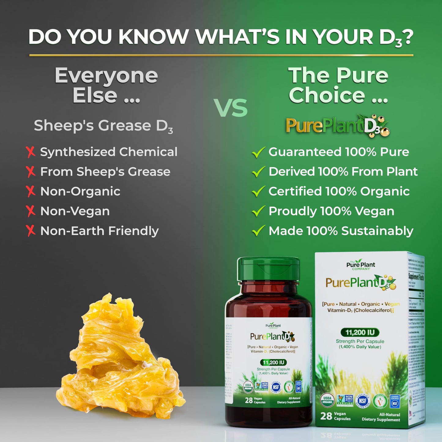 The Pure Plant Company PurePlantD3 Vegan Vitamin D3 11200 IU Organic Plant-Based Capsules 28 Capsules