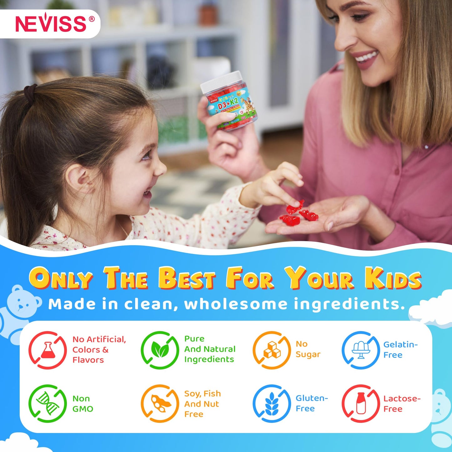 NEVISS Kids & Teens Vitamin D3 K2 Gummies + Calcium, Magnesium, Zinc, Phosphorus C, 60 Gummies