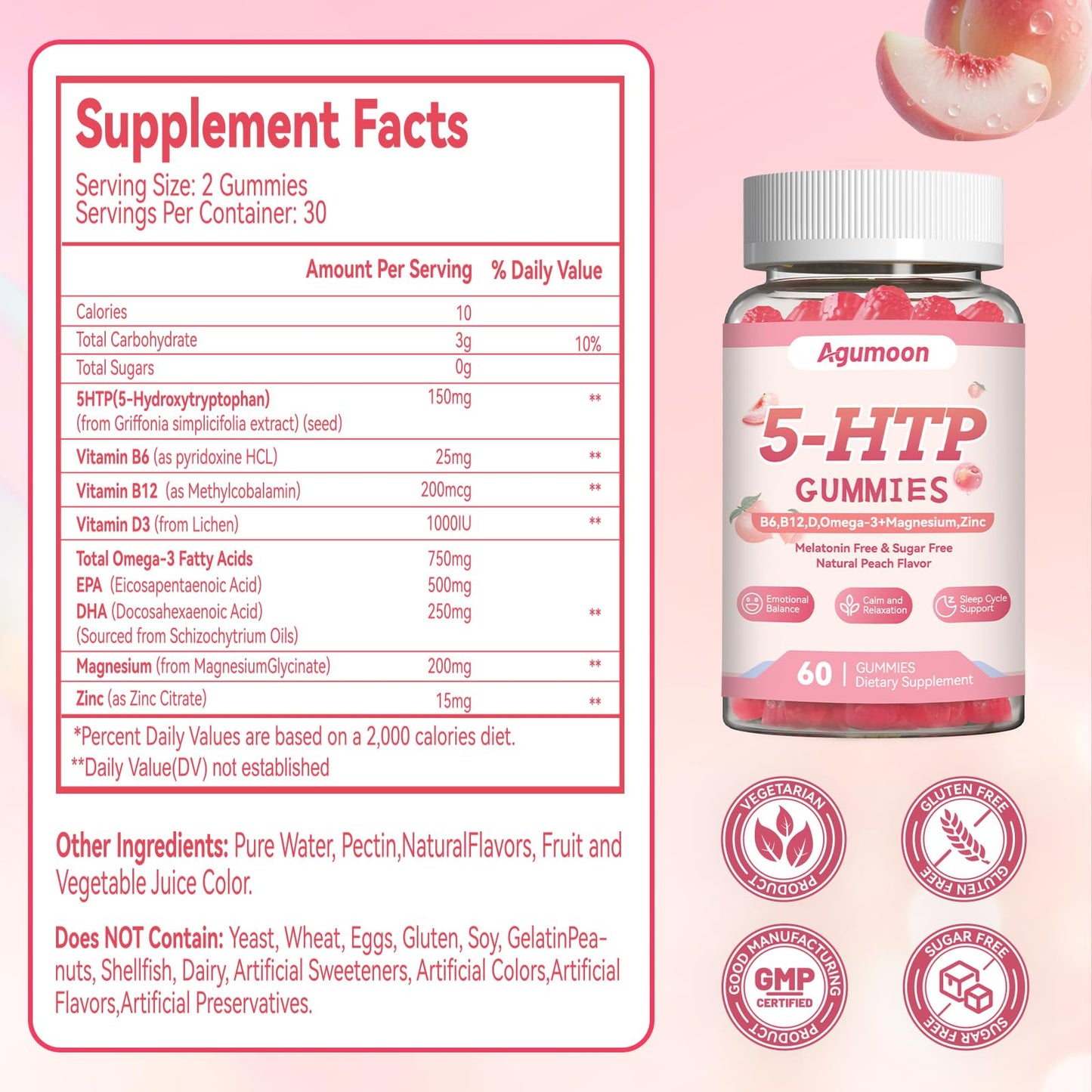 Agumoon 5-HTP Gummies with Vitamin D3, B6, B12, Zinc, Omega-3, Magnesium Glycinate, 60 Gummies