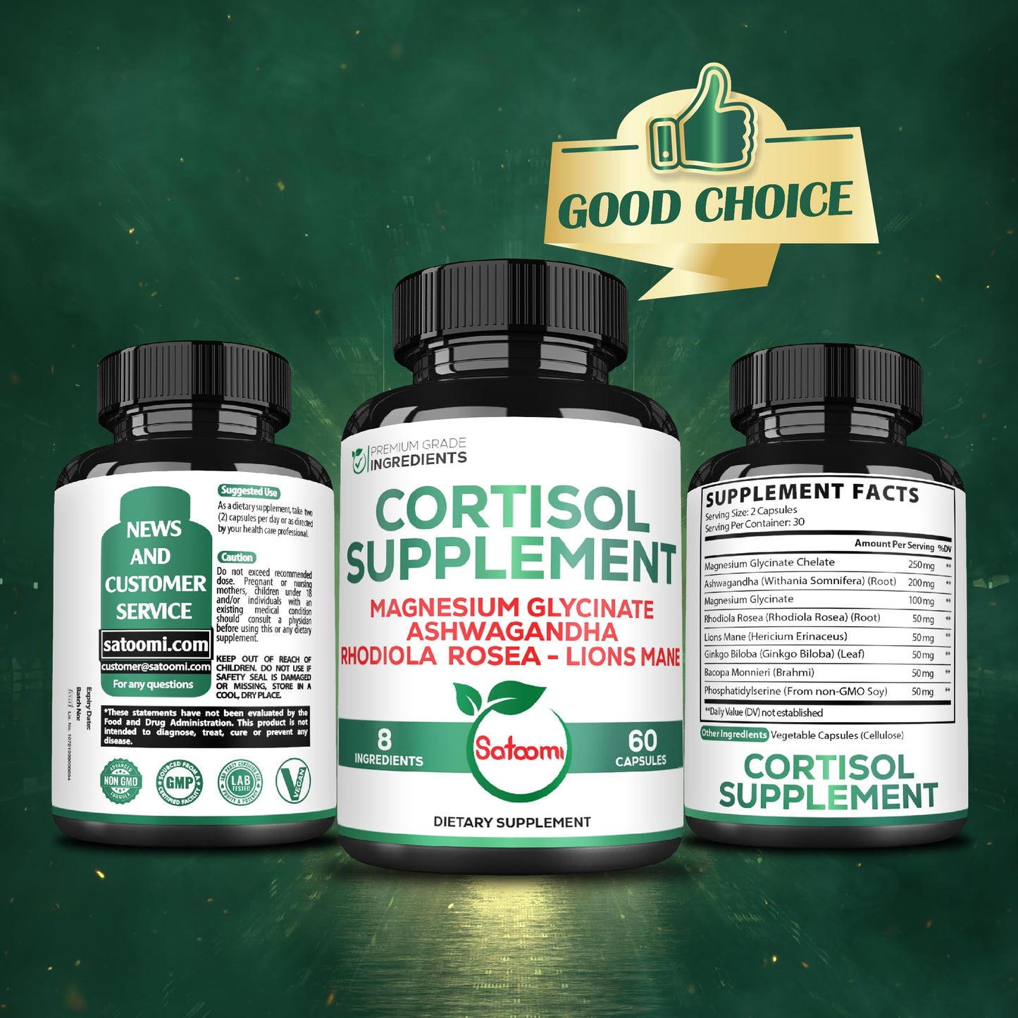 Satoomi 8in1 Cortisol Manager with Magnesium Glycinate, Ashwagandha, Rhodiola Rosea, Lions Mane & More - Cortisol Reducer Supplement for Men & Women, 60 Capsules