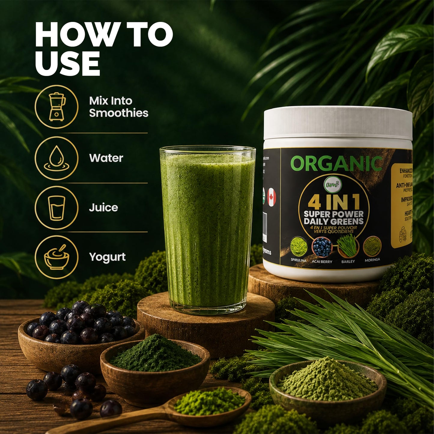 am2 Organic Superfood Powder 4-in-1 Blend – Moringa, Spirulina, Barley Grass, Acai Berry, 1 oz