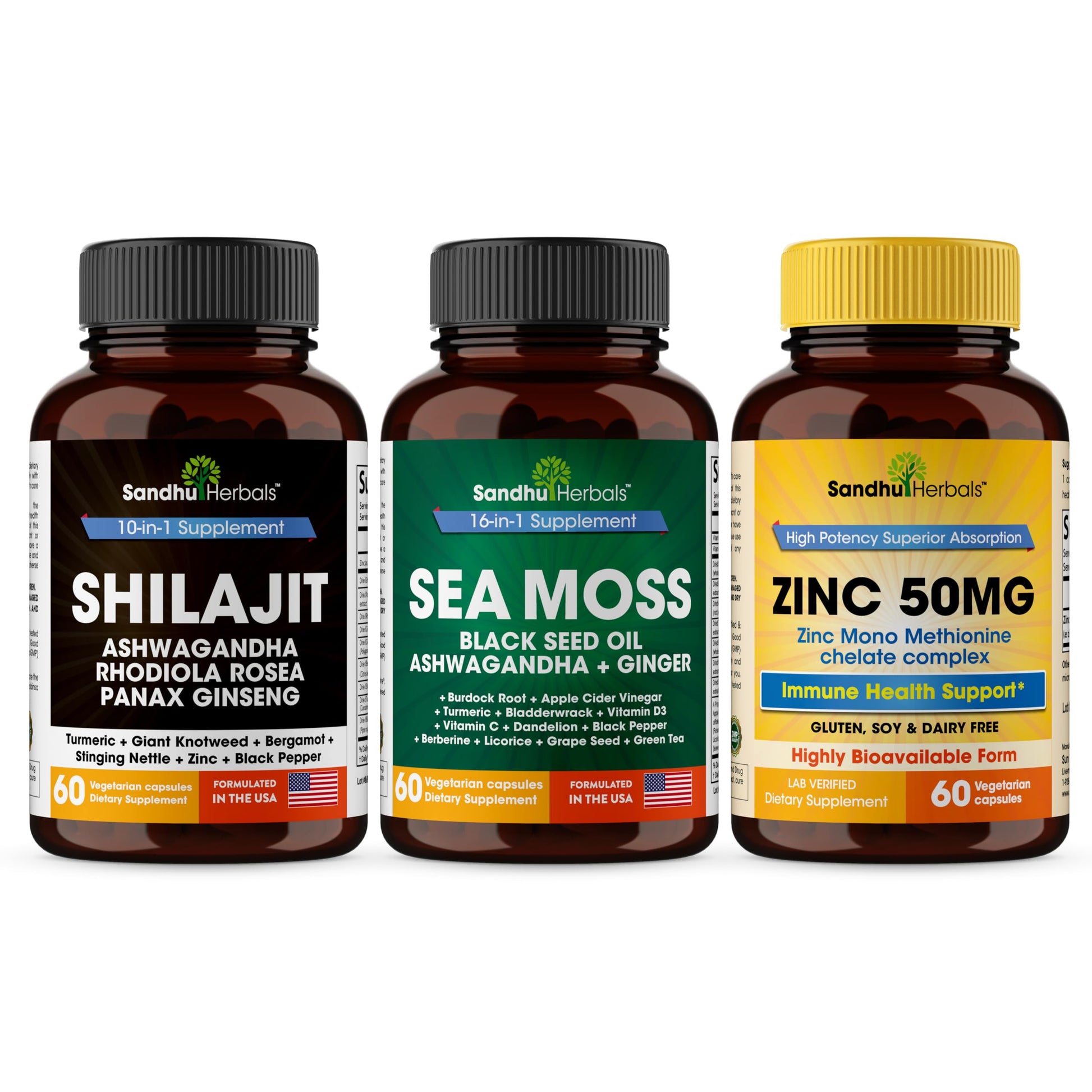 SANDHUHERBALS Shilajit, Sea Moss & Zinc Supplement Capsule, 180 Capsules