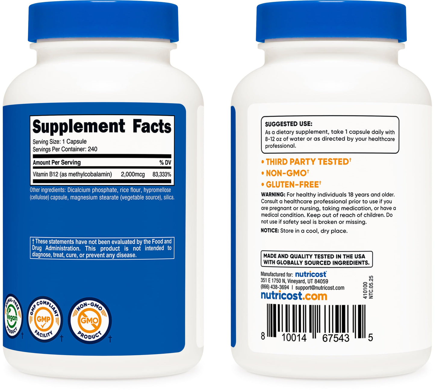 Nutricost Vitamin B12 (Methylcobalamin) 2000mcg Capsule, 240 Count