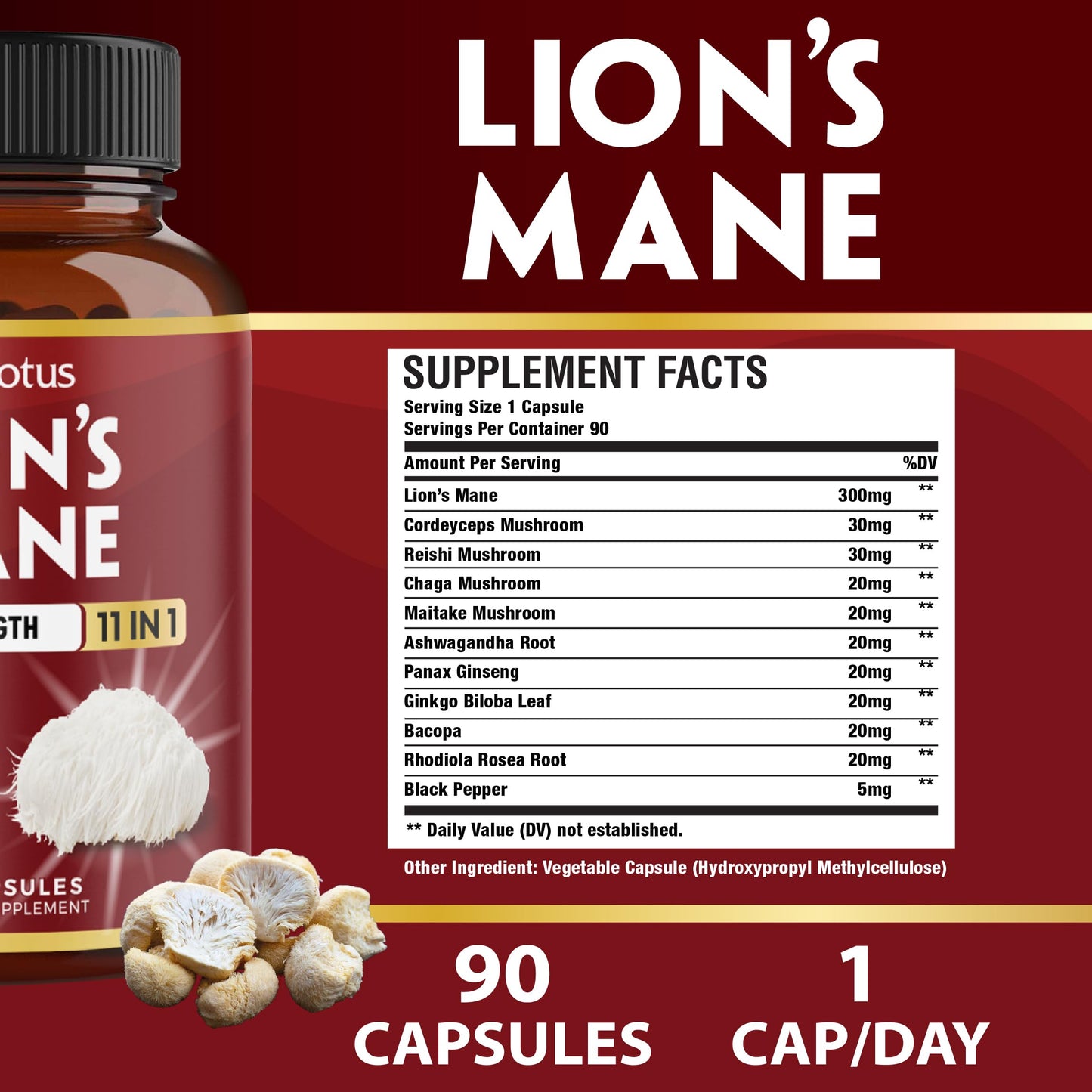 Zolotus 11 in 1 Lions Mane Mushroom Capsules with Cordeyceps, Reishi, Ashwagandha, Panax Ginseng, 90 Capsules