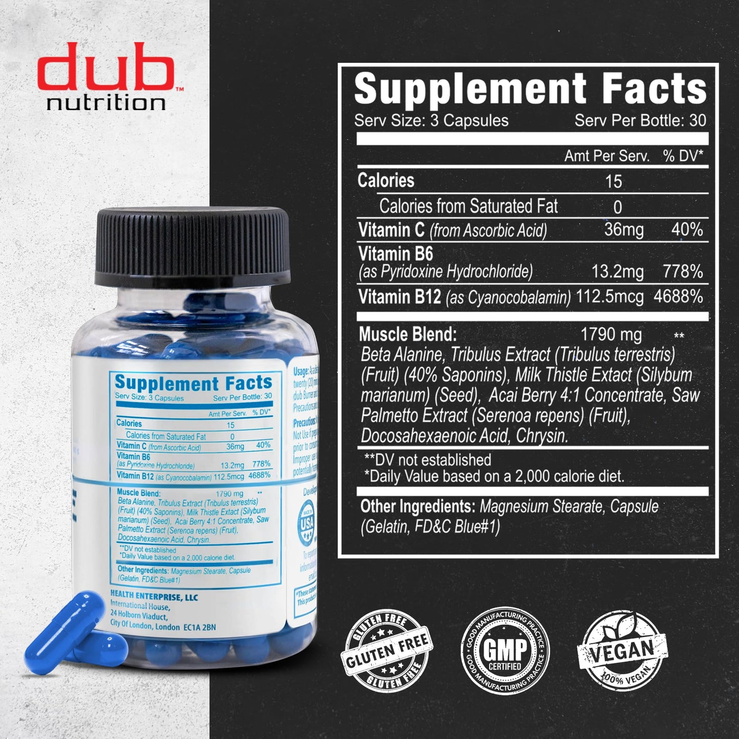 Dub Nutrition Muscle Supplement with Milk Thistle, Beta-Alanine, Acai, B6 & C Capsules, 90 Count