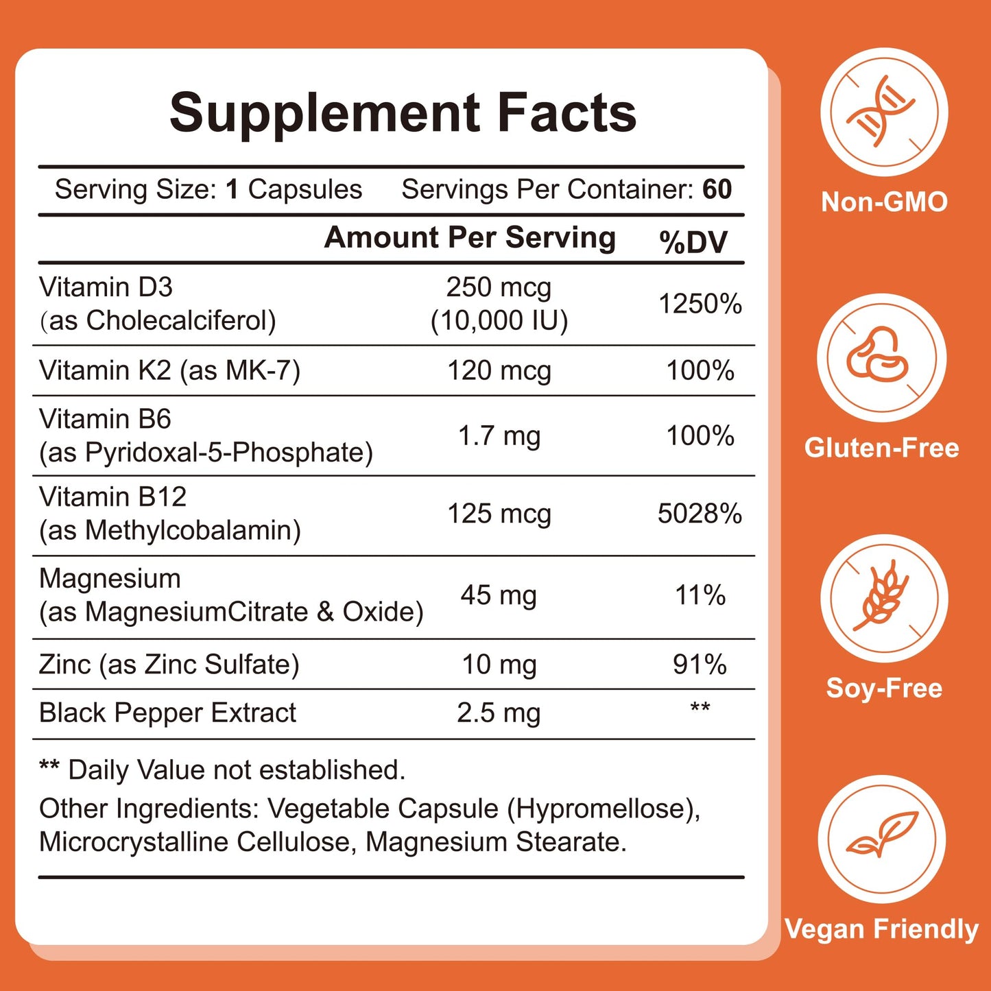 Generic Vitamin D3 K2 Supplement - 10000 IU D3 & 120 mcg K2 MK-7 - Bone, Heart & Immune Support - High Absorption Formula, 60 Capsules
