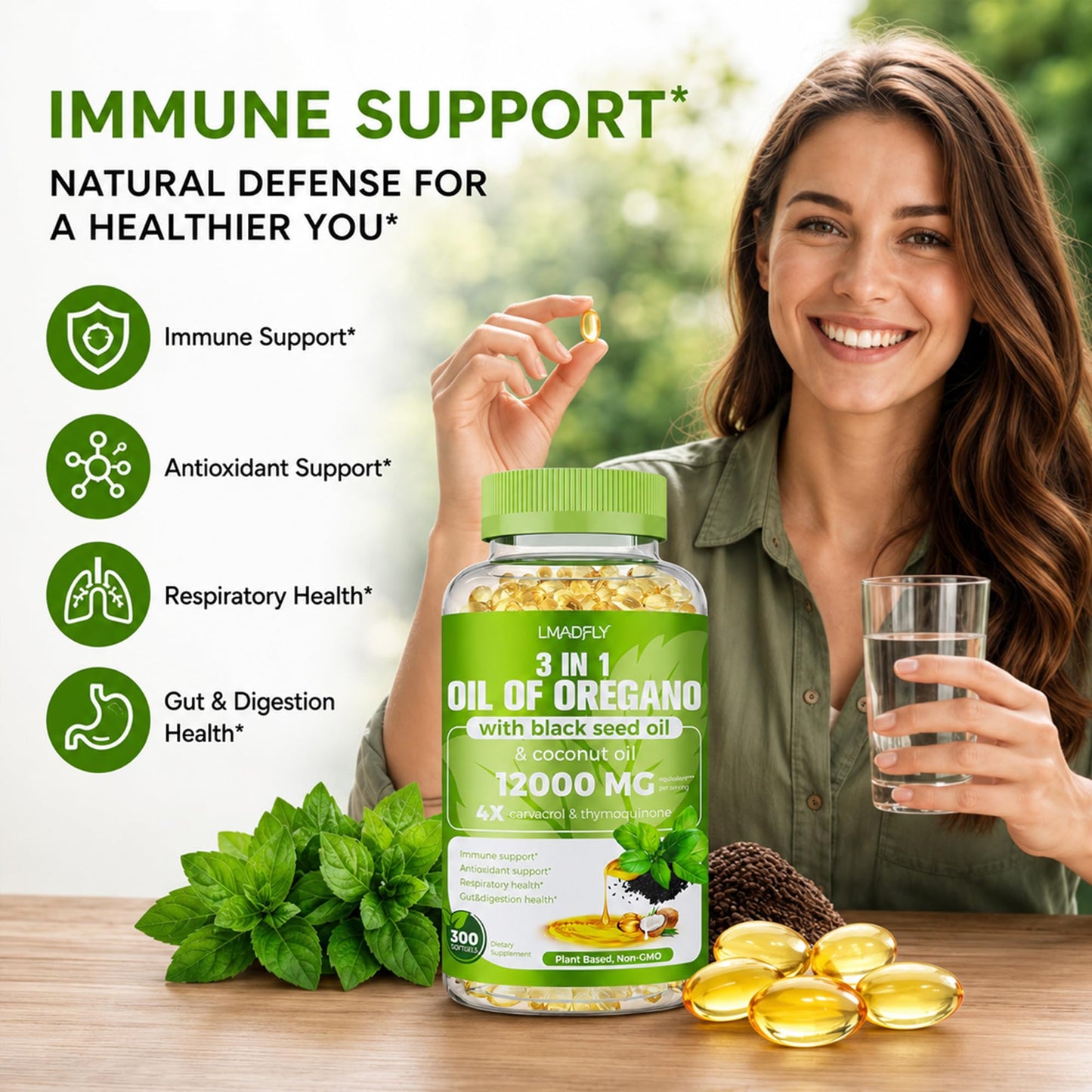 LMADFLY 40:1 Oil of Oregano Softgels with Black Seed Oil & Coconut Oil, 300 Count