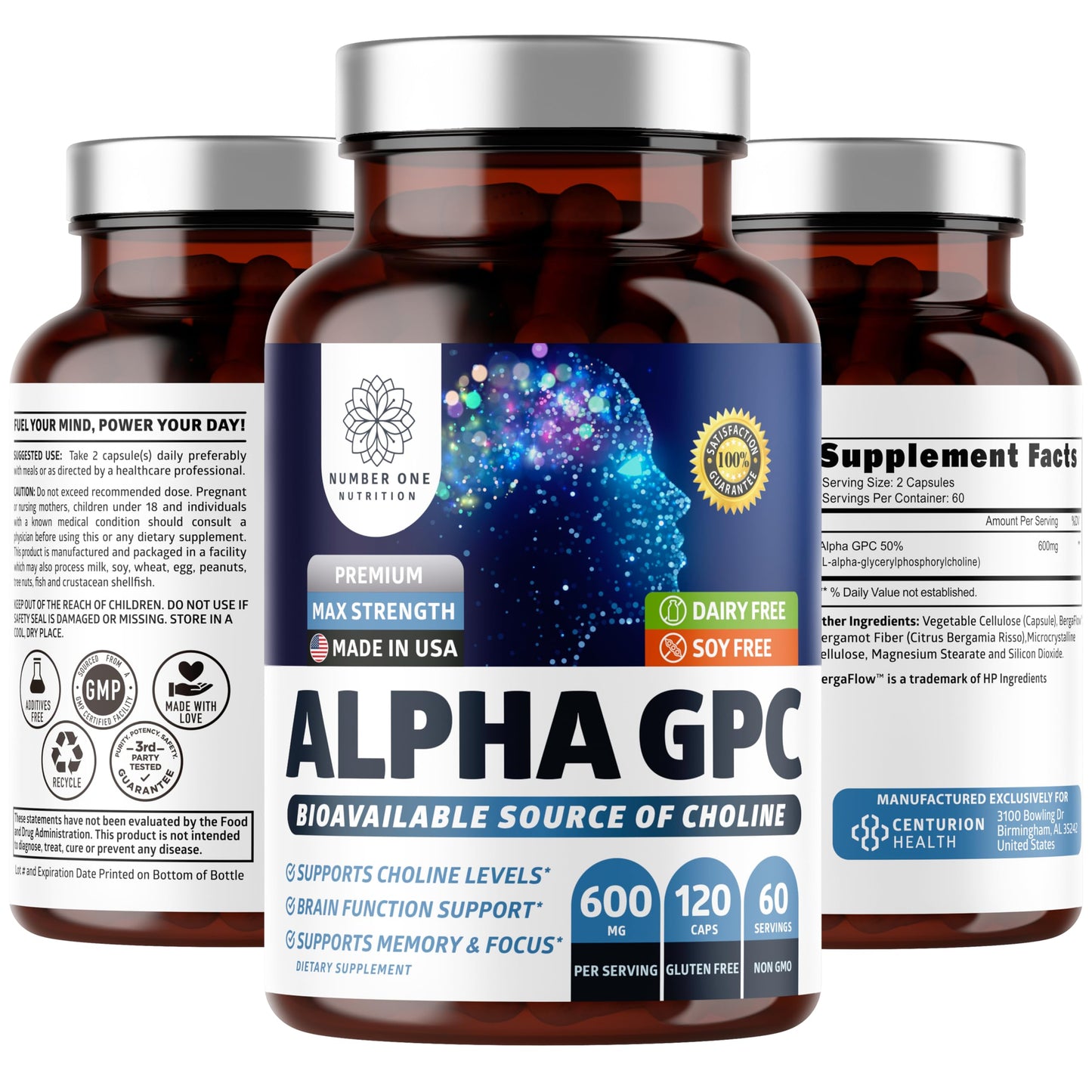 Number One Nutrition Premium Alpha GPC Choline Capsules 600mg, 120 Veg Caps