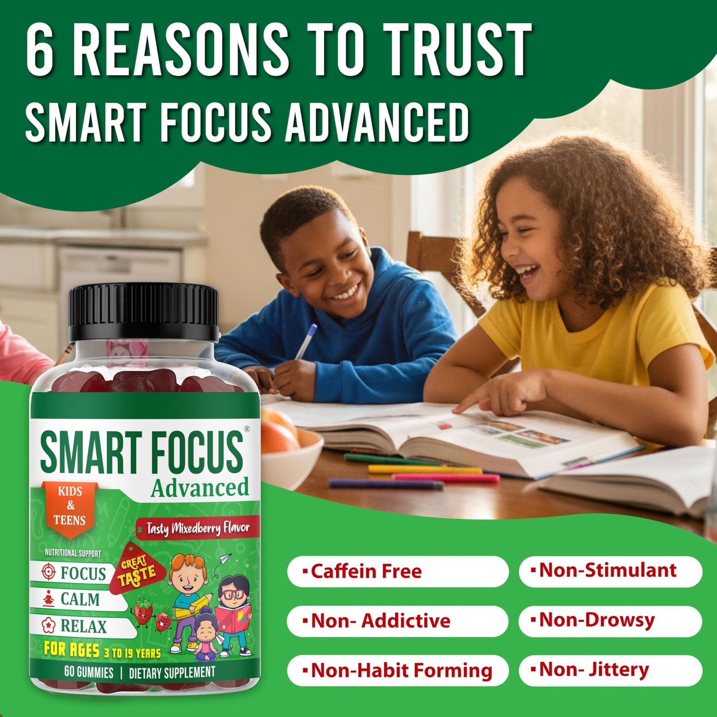 Smart Focus Calm and Focus Supplements for Kids & Teens Magnesium Calm Gummies for Mood & Relaxed Sleep, Natural Mixed Berry Flavor, 60 Gummies