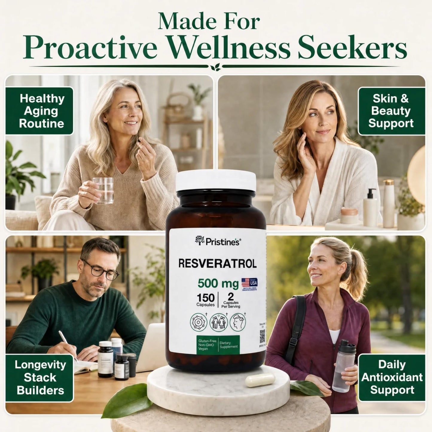 PRISTINE'S Resveratrol 500mg Capsules, 150 Count