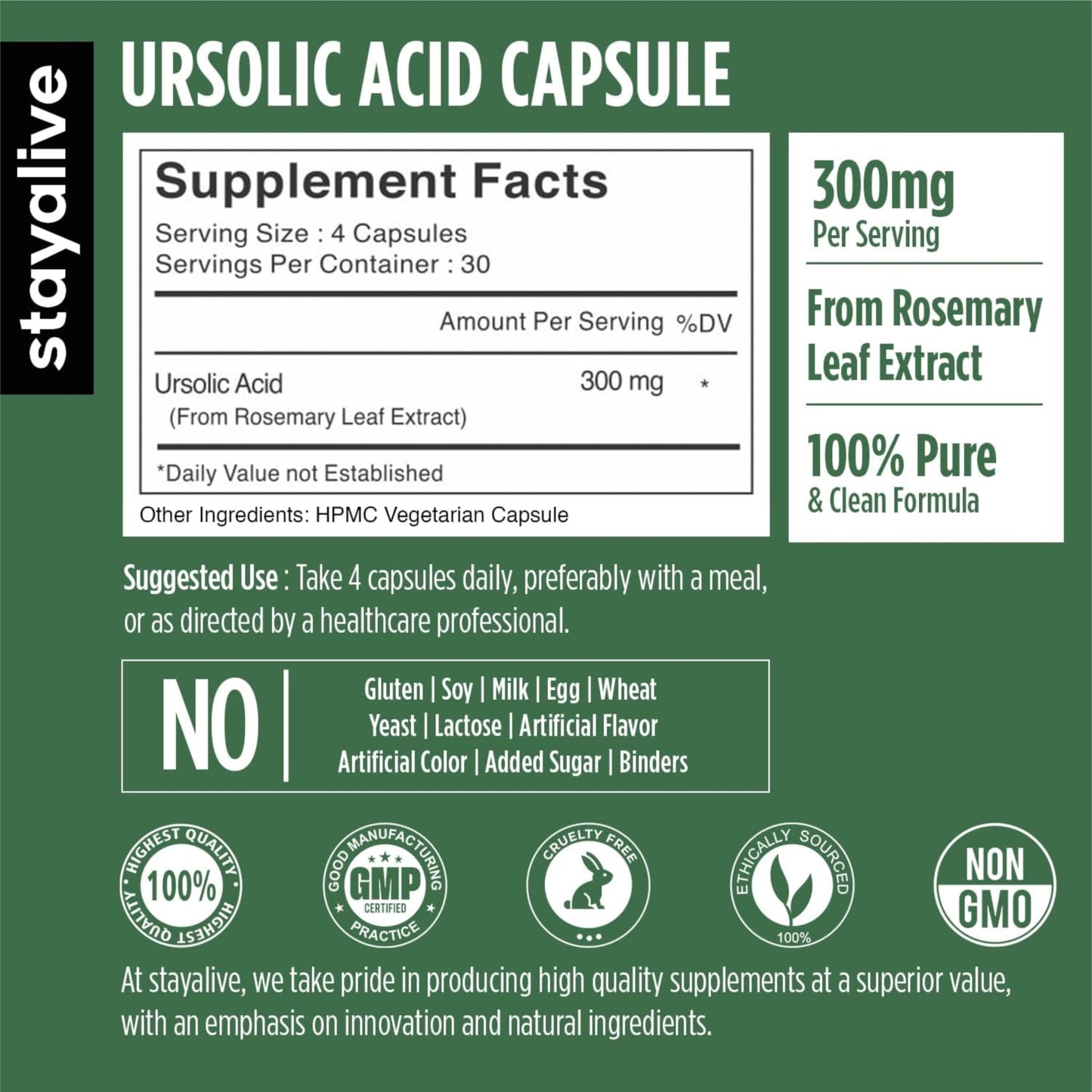 STAY ALIVE Ursolic Acid 300mg Capsules, 120 Count