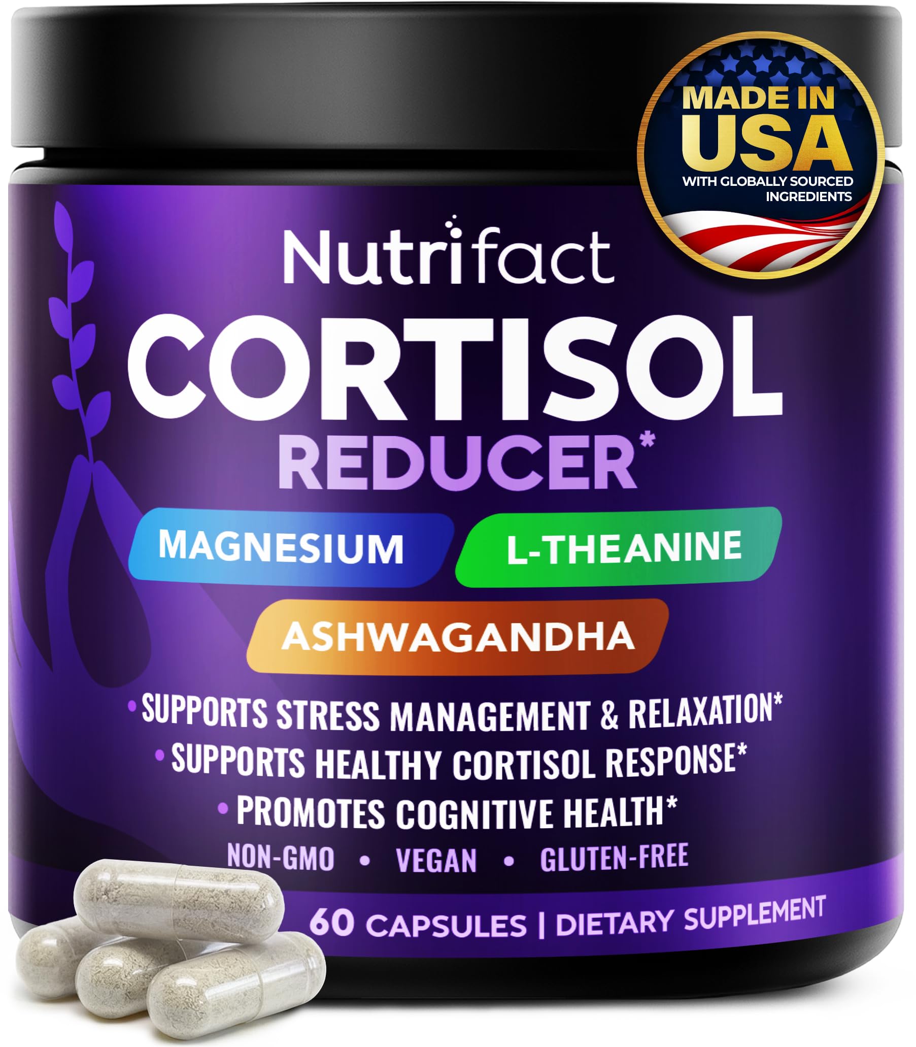 NutriFact Cortisol Supplements for Women & Men – Cortisol Reducer with Ashwagandha, Magnesium, L-Theanine & Vitamin B Complex – Stress Relief, 60 Capsules
