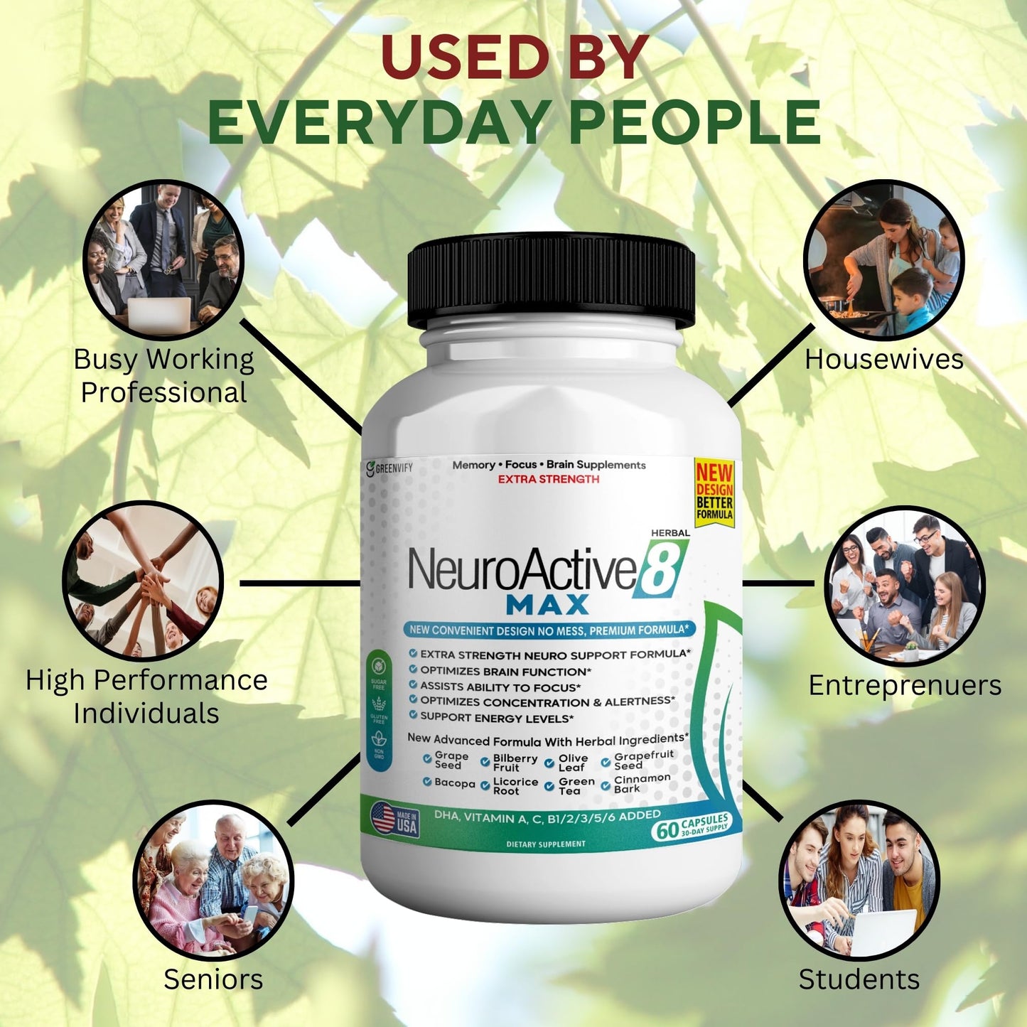 GREENVIFY NeuroActive 8 Max Brain Support Supplement Extra Strength Formula, 120 Capsules
