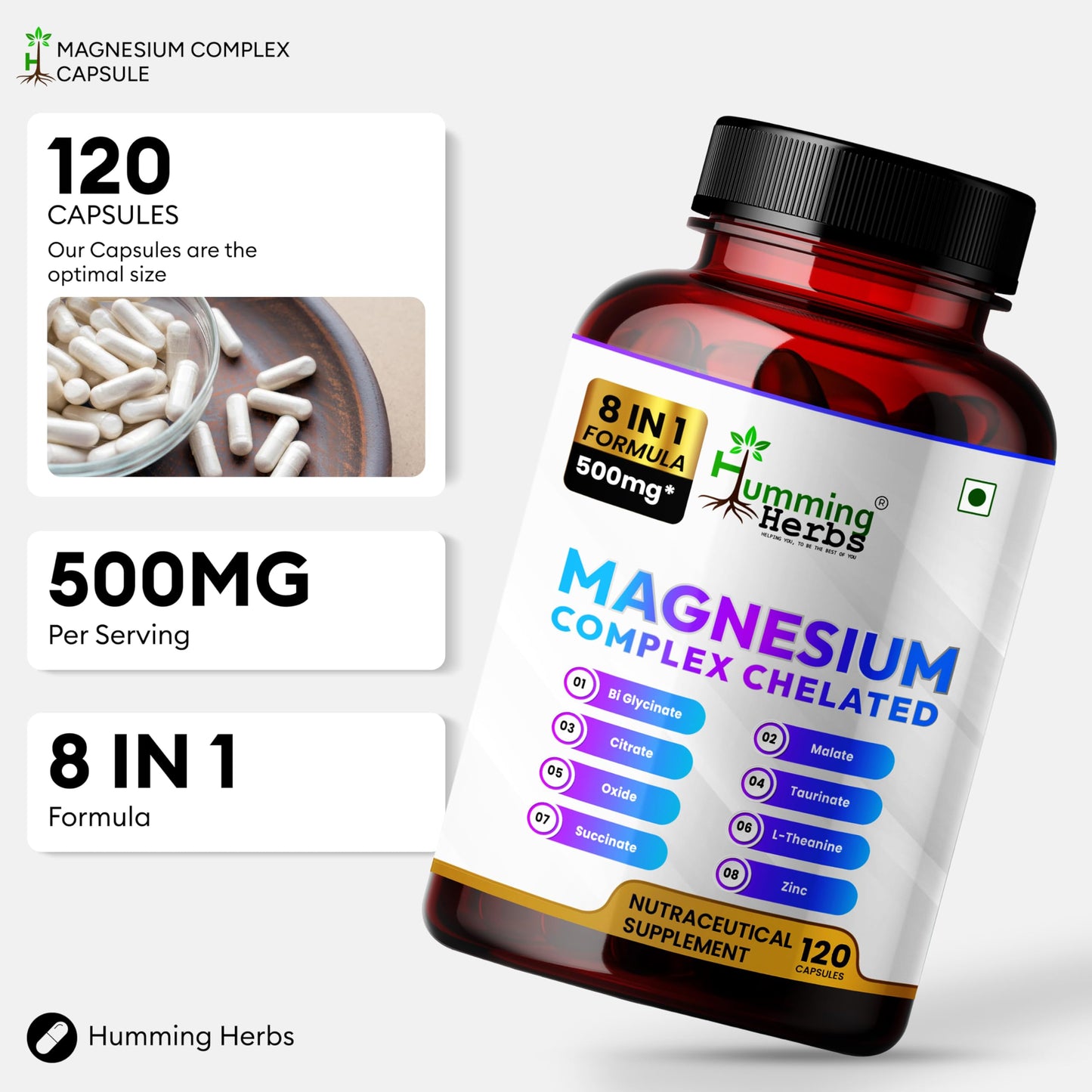 Humming Herbs Magnesium Complex Chelated Supplement 500mg, 120 Vegan Capsules