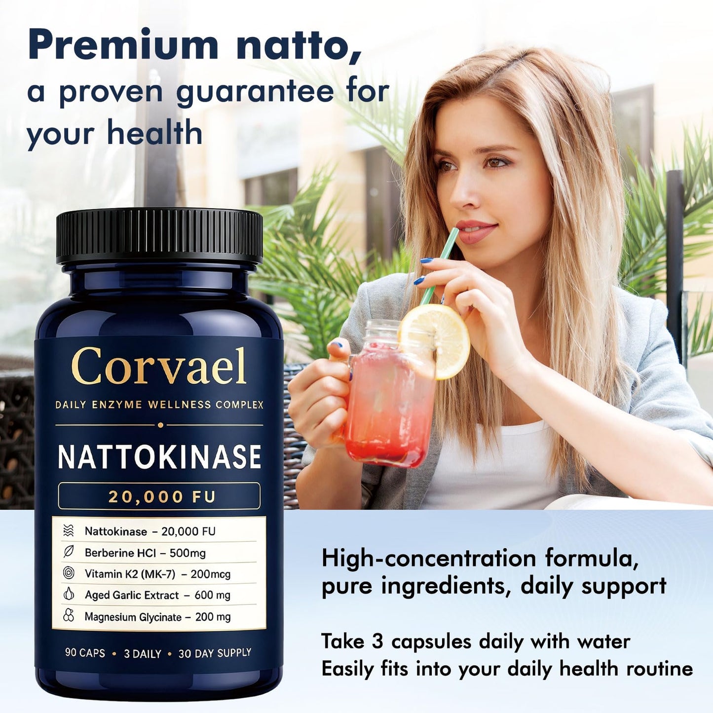 BORNIU Corvael Nattokinase 20000 fu, Nattokinase Fibrinolytic Complex, 90 Capsules