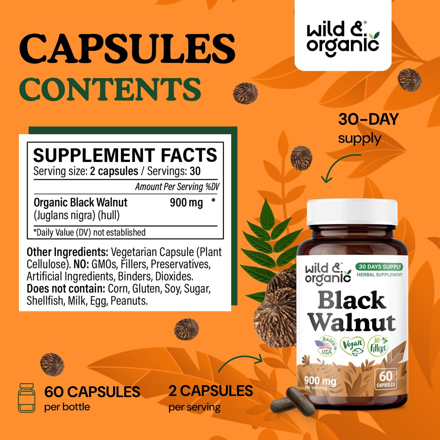 Wild & Organic Black Walnut Capsules 900 mg Detox & Cleanse Support - Black Walnut Hull Powder Supplement - Juglans Nigra Herb - Vegan, No Fillers, Non-GMO, 60 Capsules