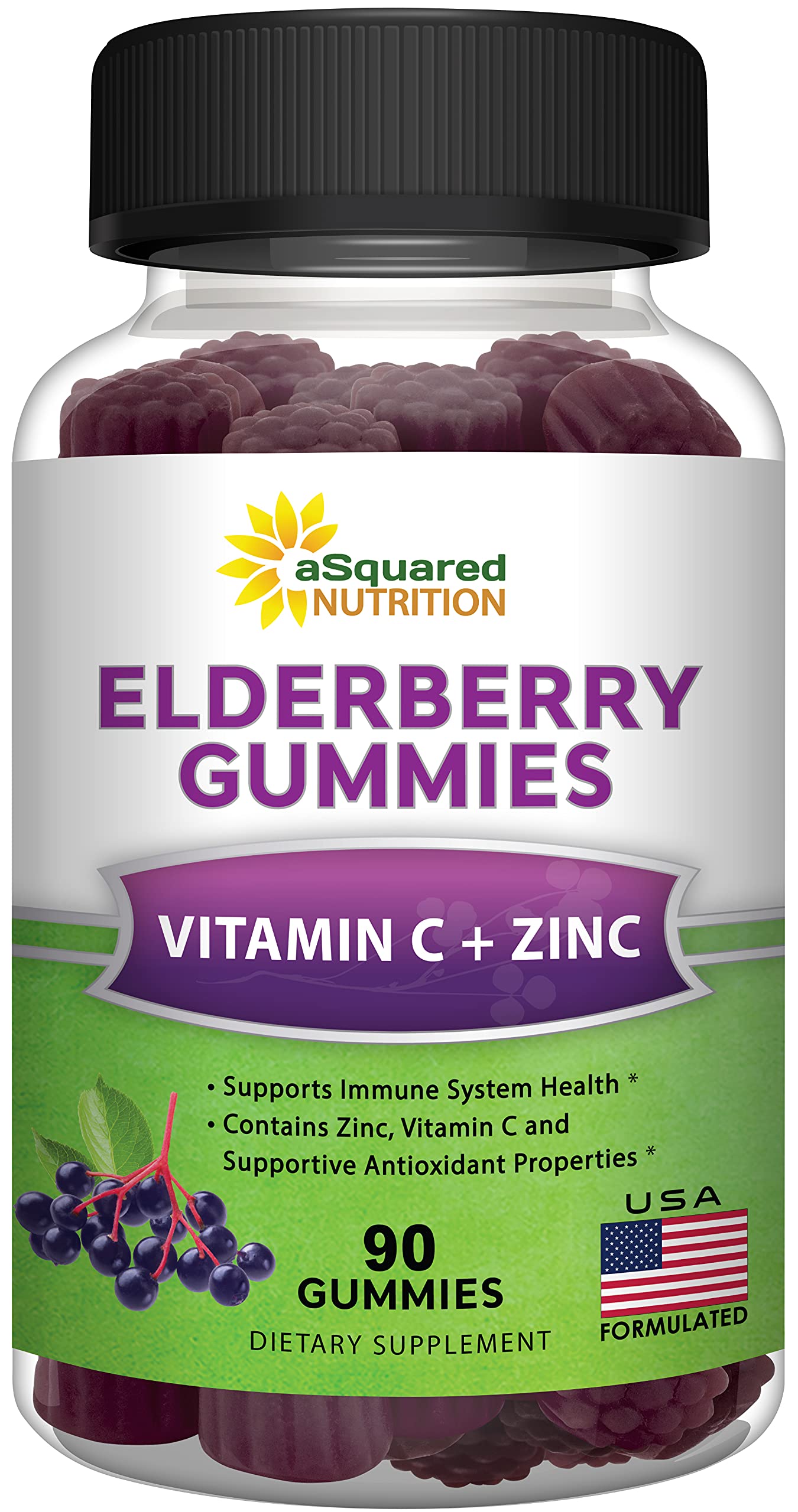 aSquared Nutrition Sambucus Elderberry Gummies with Zinc and Vitamin C Gummy 90 Count