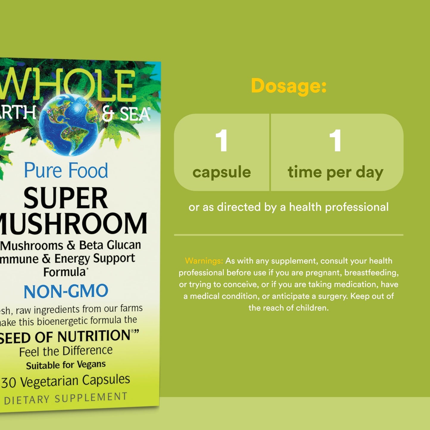 Natural Factors Whole Earth & Sea Super Mushroom - Herbal Supplement with Organic Mushrooms - Mushroom Supplement for Brain & Immune Health, 30 Capsules