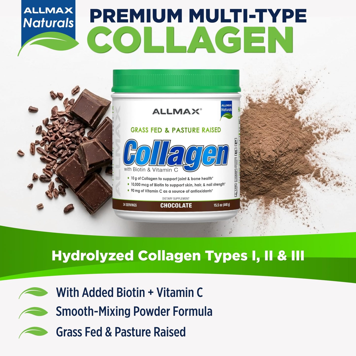 ALLMAX Collagen Peptides Powder Chocolate, 6.67 oz, 30 Servings